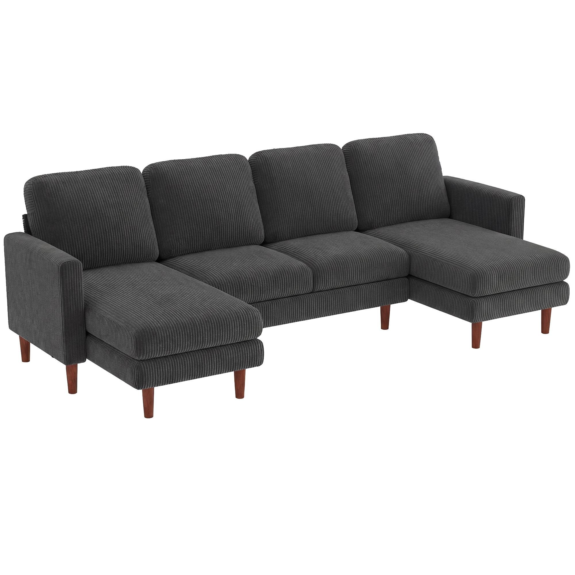 Dark Grey Corduroy U Sofa with Double Chaise