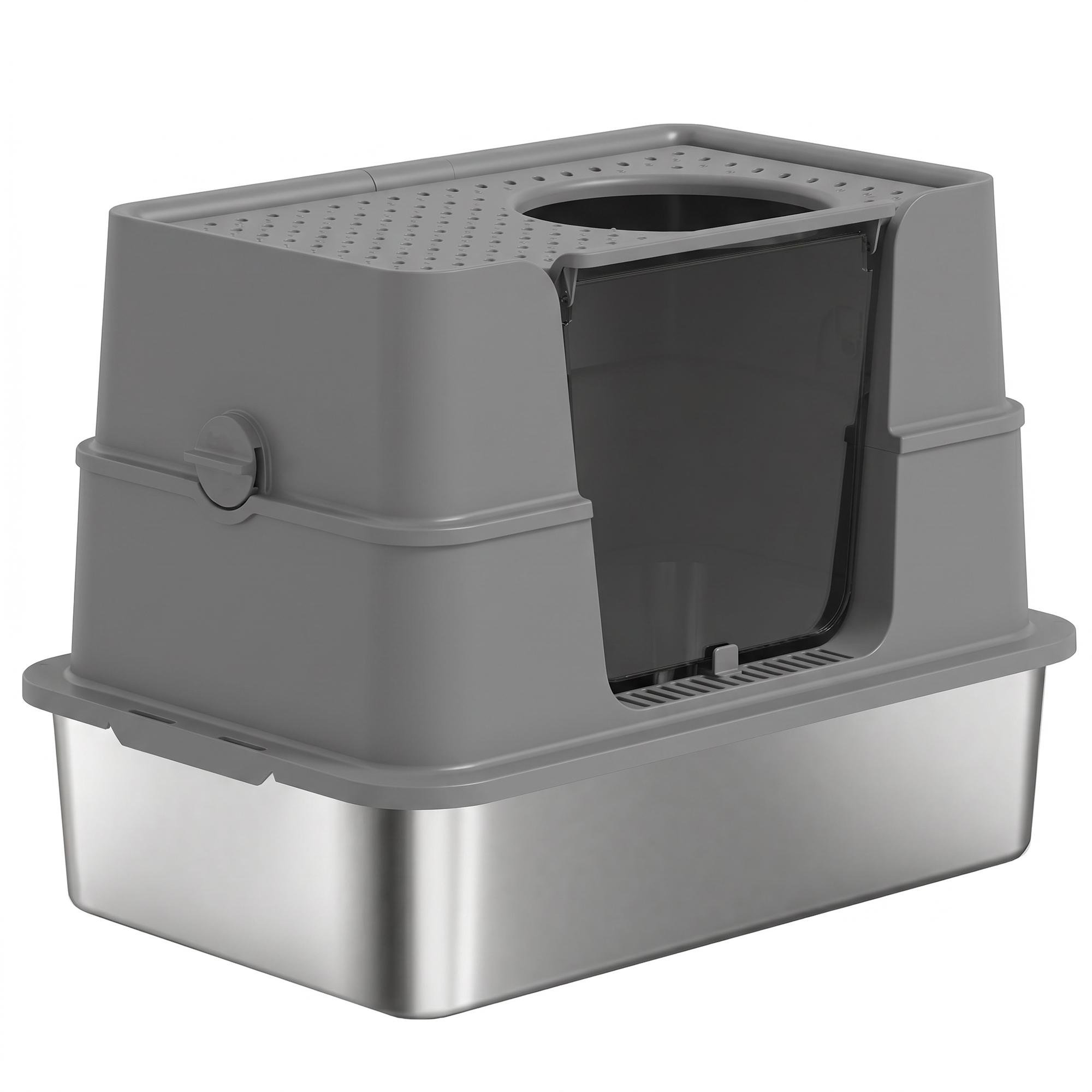 XL Dark Grey Litter Box, Stainless Steel Dual-Entry Enclosure