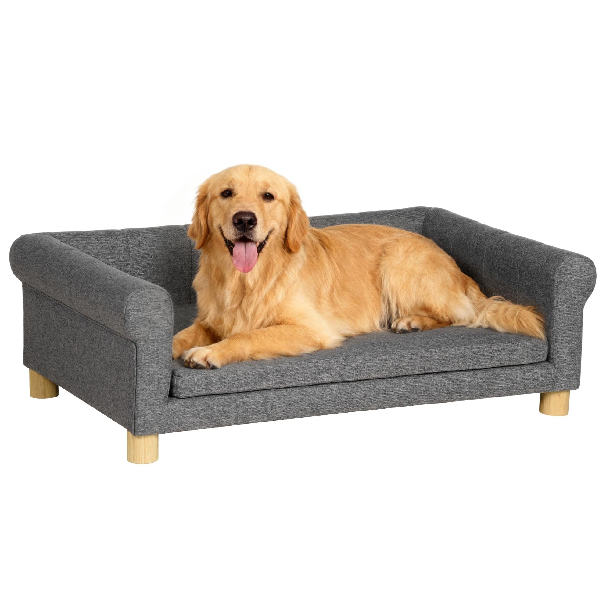 Faux Linen Dog Sofa with Removable Cushion, Dark Grey