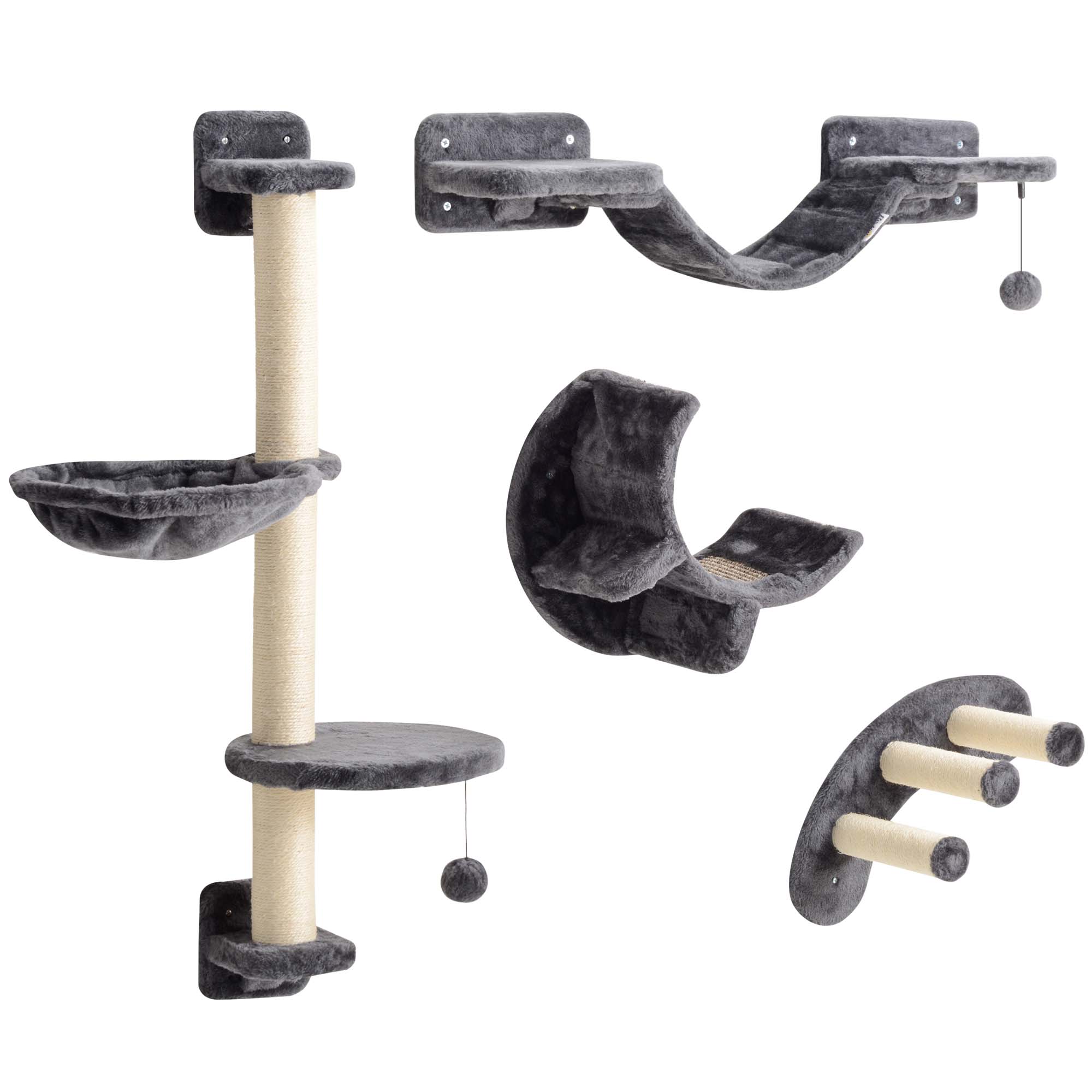 Dark Grey Cat Wall Shelves with Plush Hammock Set