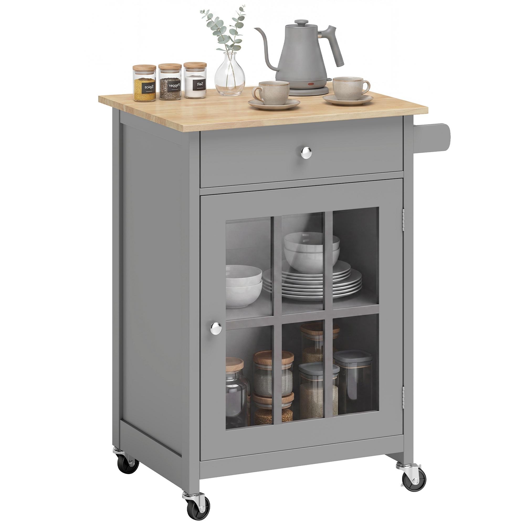 Dark Grey Glass Cart with Drawer, Cabinet & Towel Rack, 26.4 in