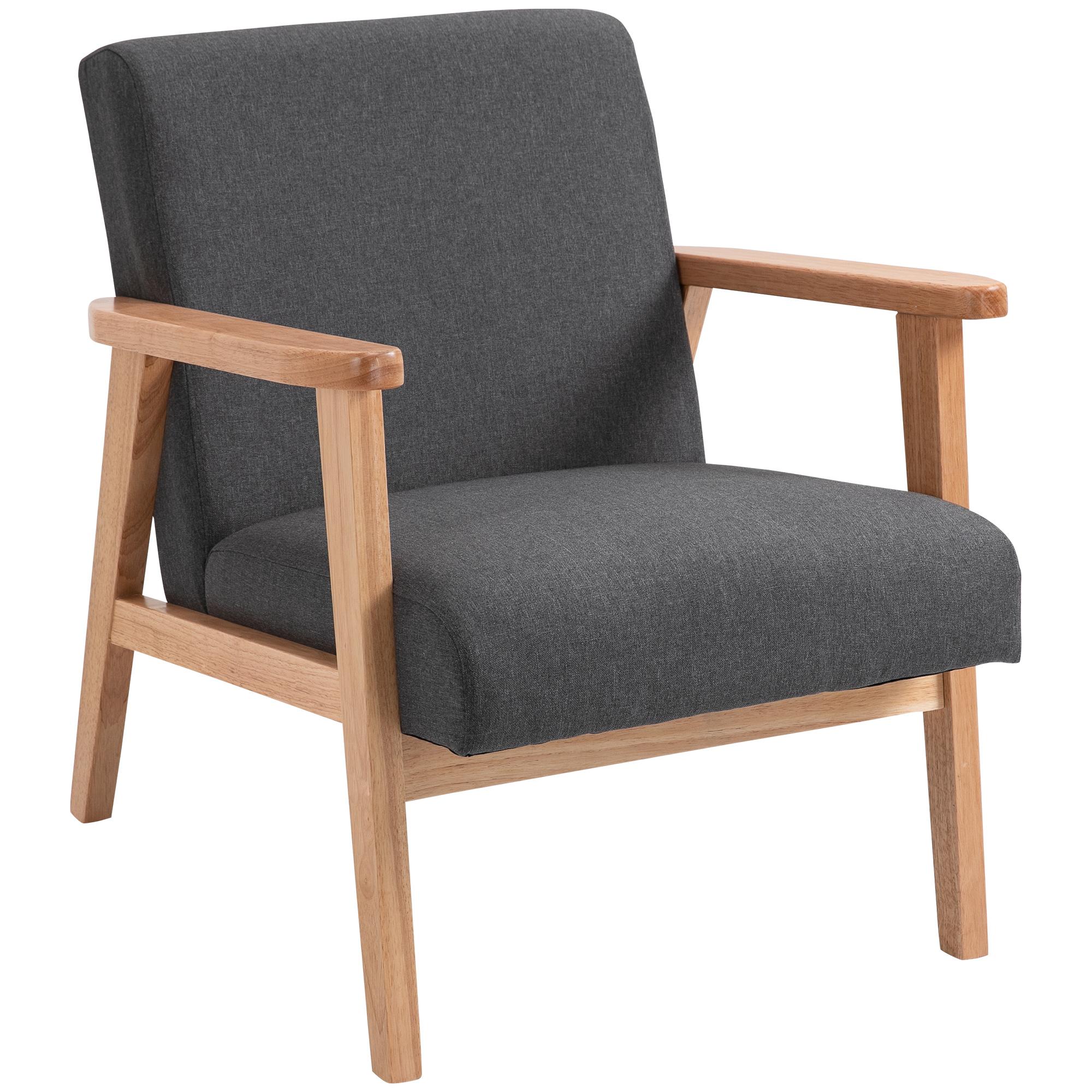Dark Grey Linen Armchair with Rubberwood Frame for Living Rooms