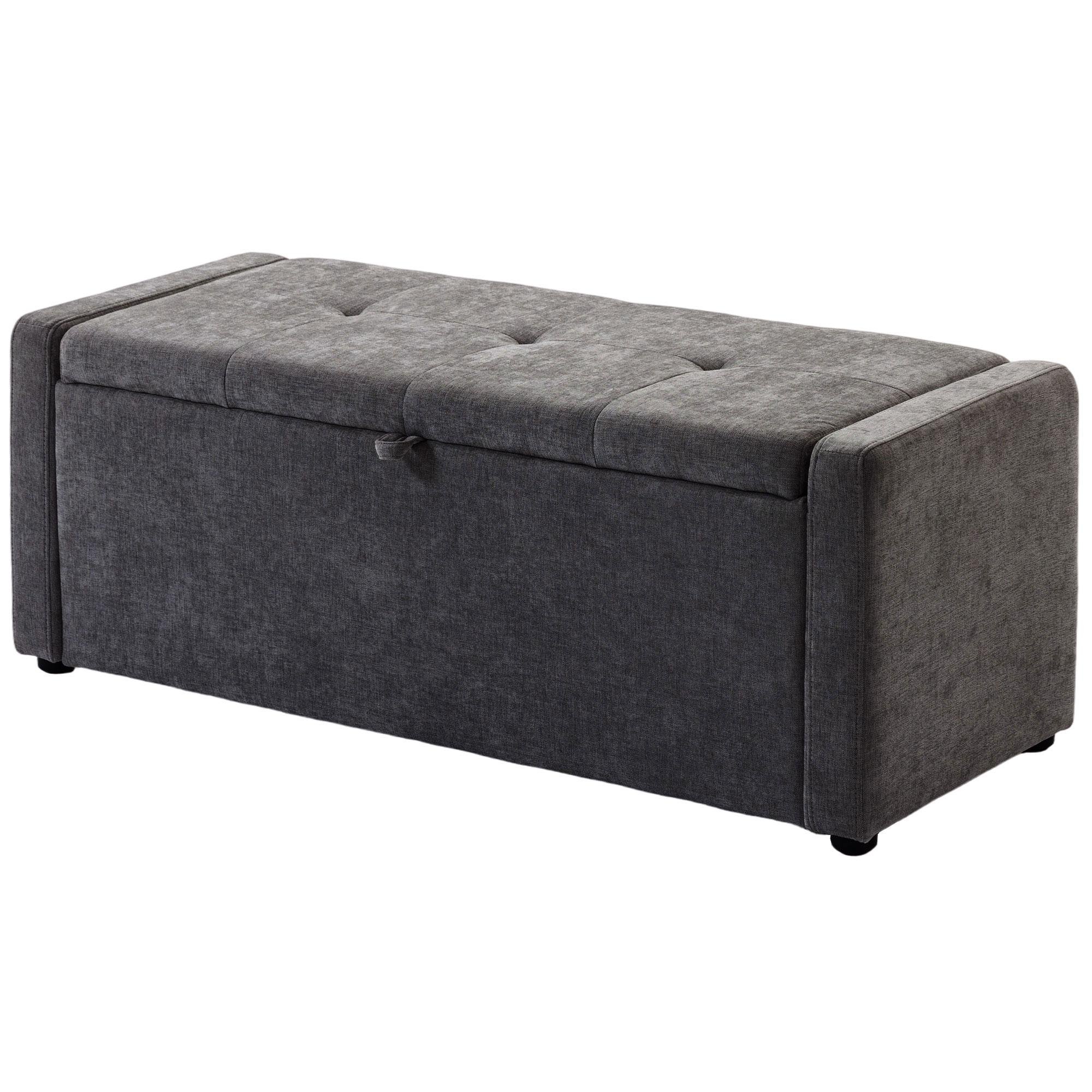 Dark Grey Linen Look Ottoman with Hidden Storage