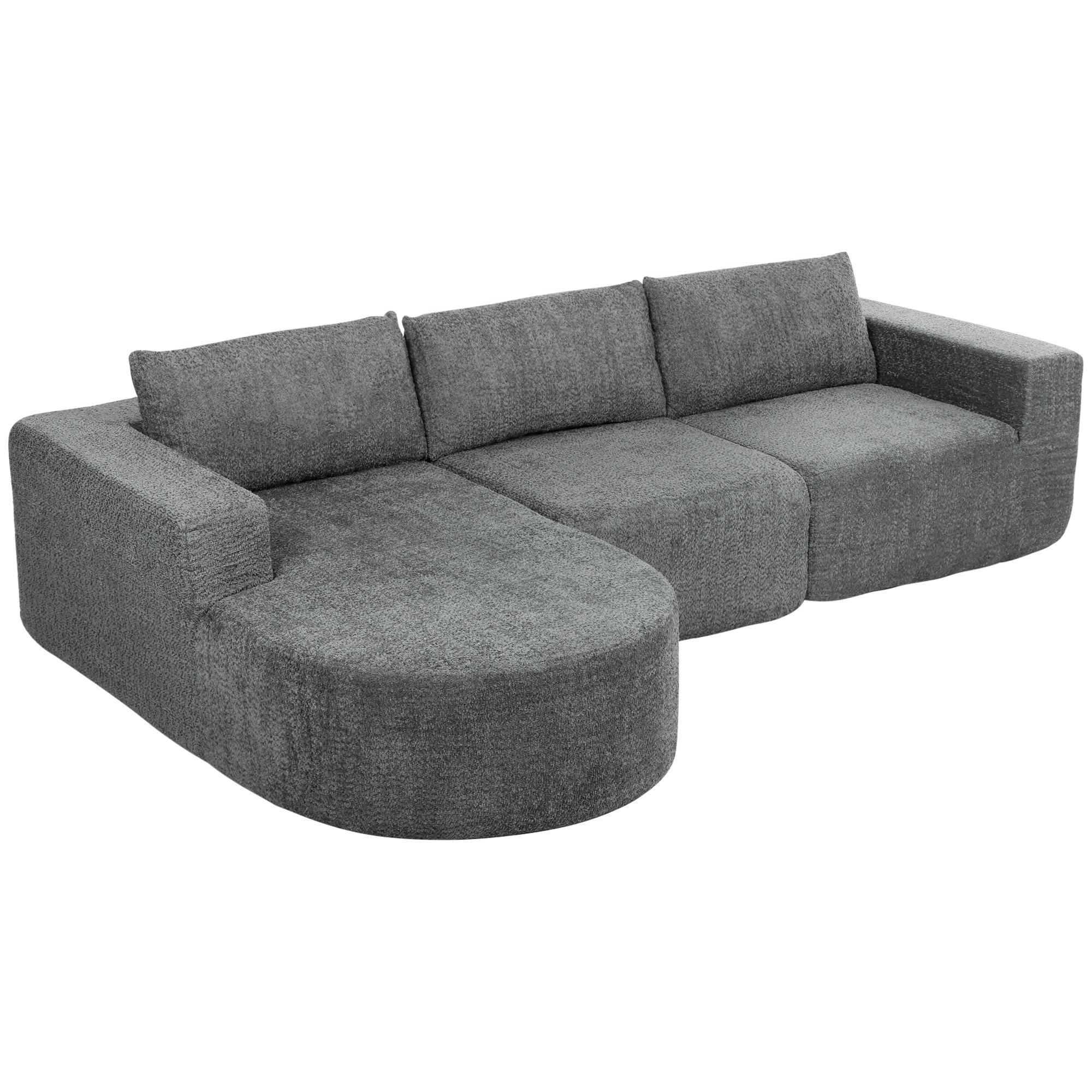Dark Grey Chenille Modular Couch, Three-Piece L Shaped Sectional