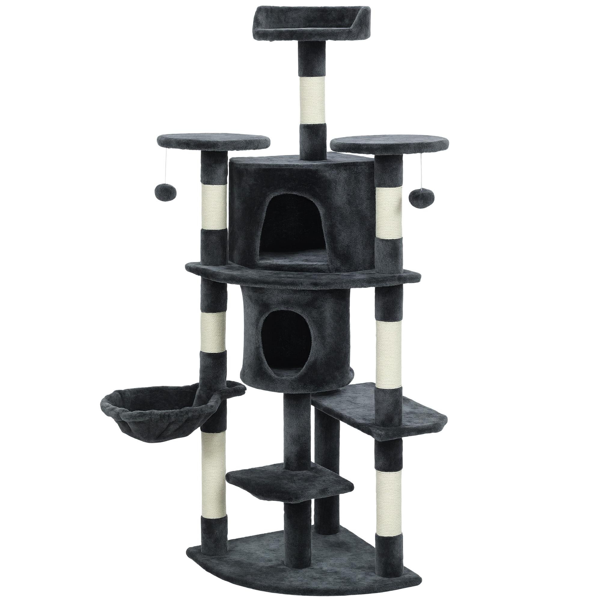 61.8 Inch Plush Cat Tree with Two Condos, Dark Grey