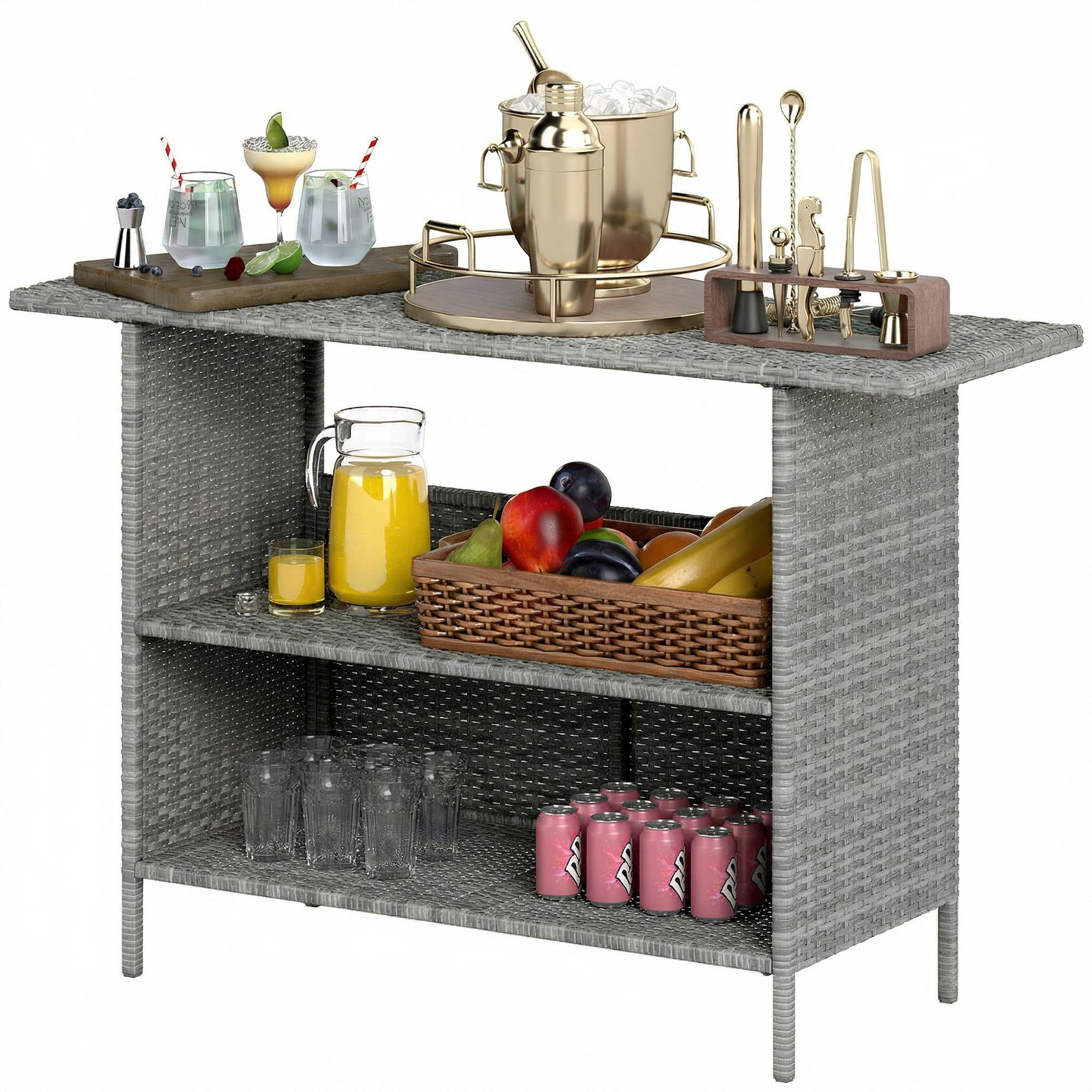 Dark Grey Rattan Bar Table with Two Shelves 55.1 in