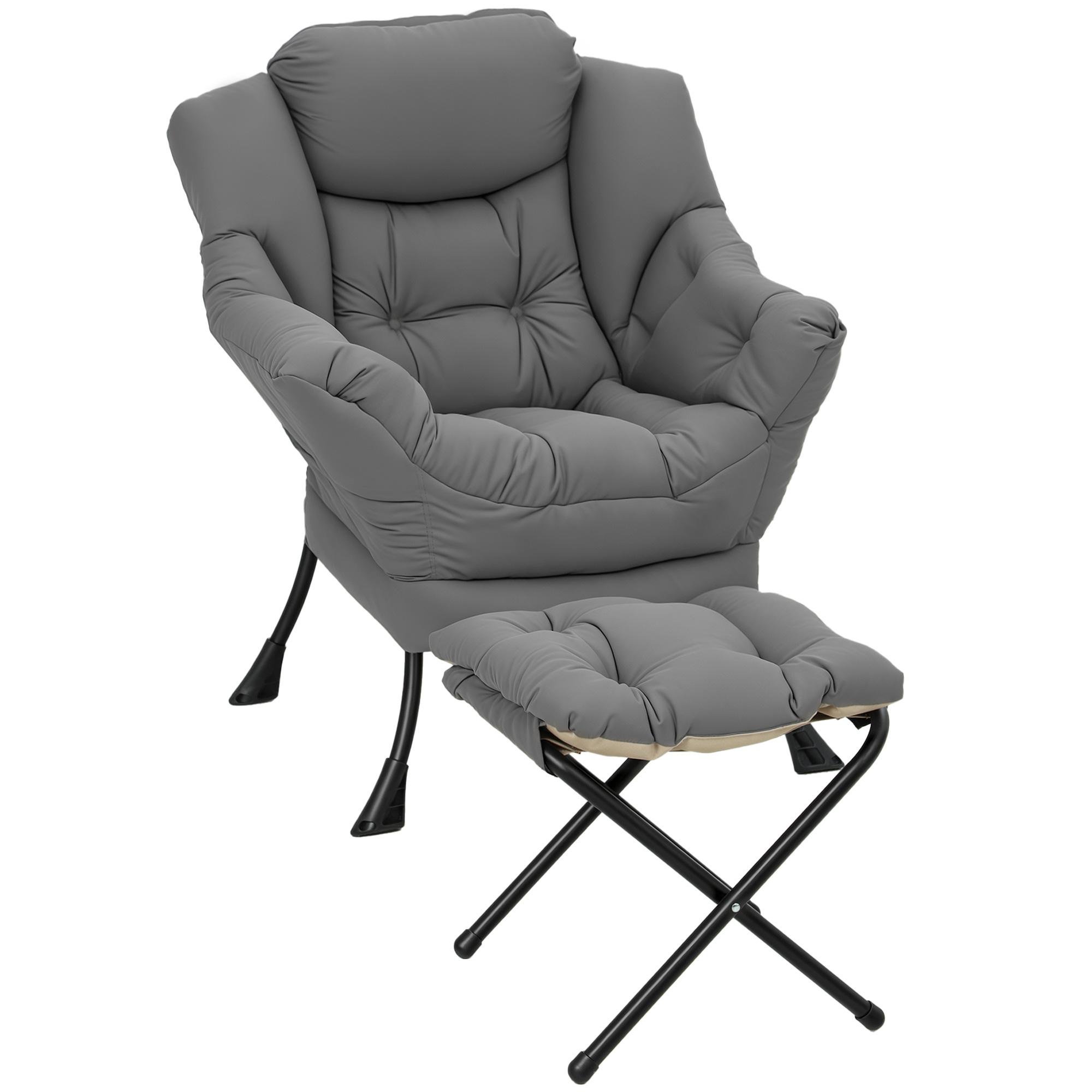 Dark Grey Peach Skin Chair with Foldable Ottoman