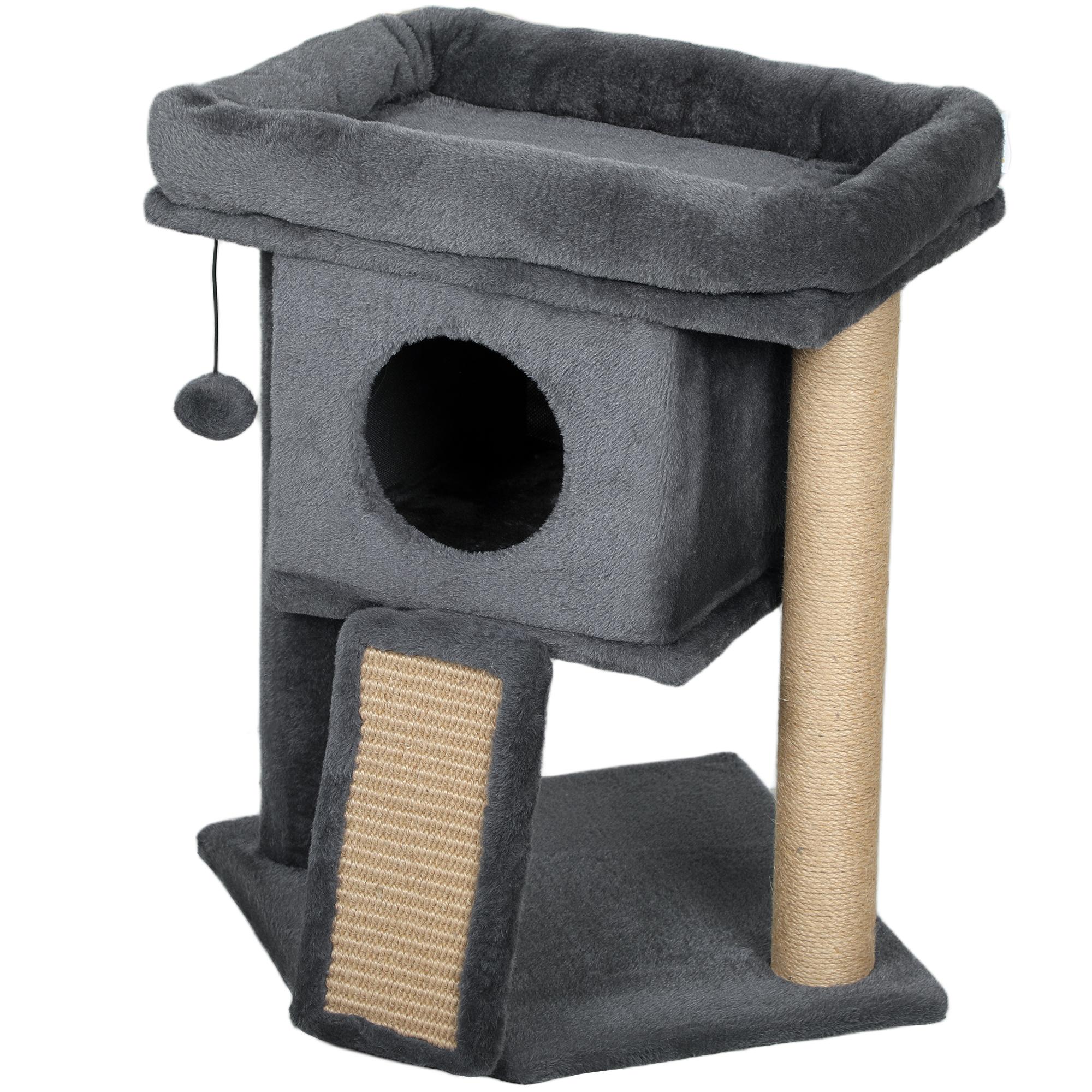 Dark Grey Plush Cat Tower with Perch for Indoor Cats