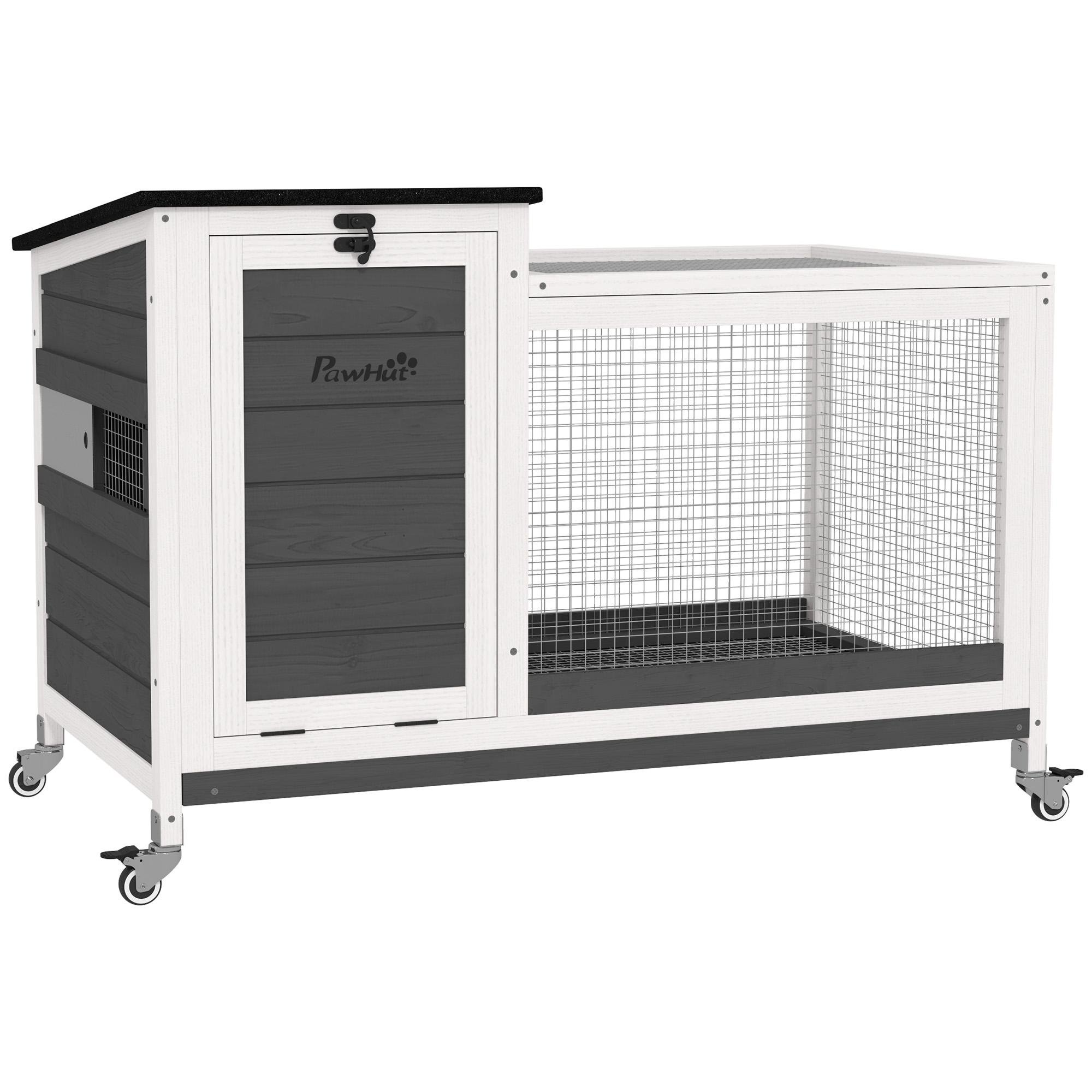 Rolling Dark Grey Rabbit Hutch with Pull-Out Tray