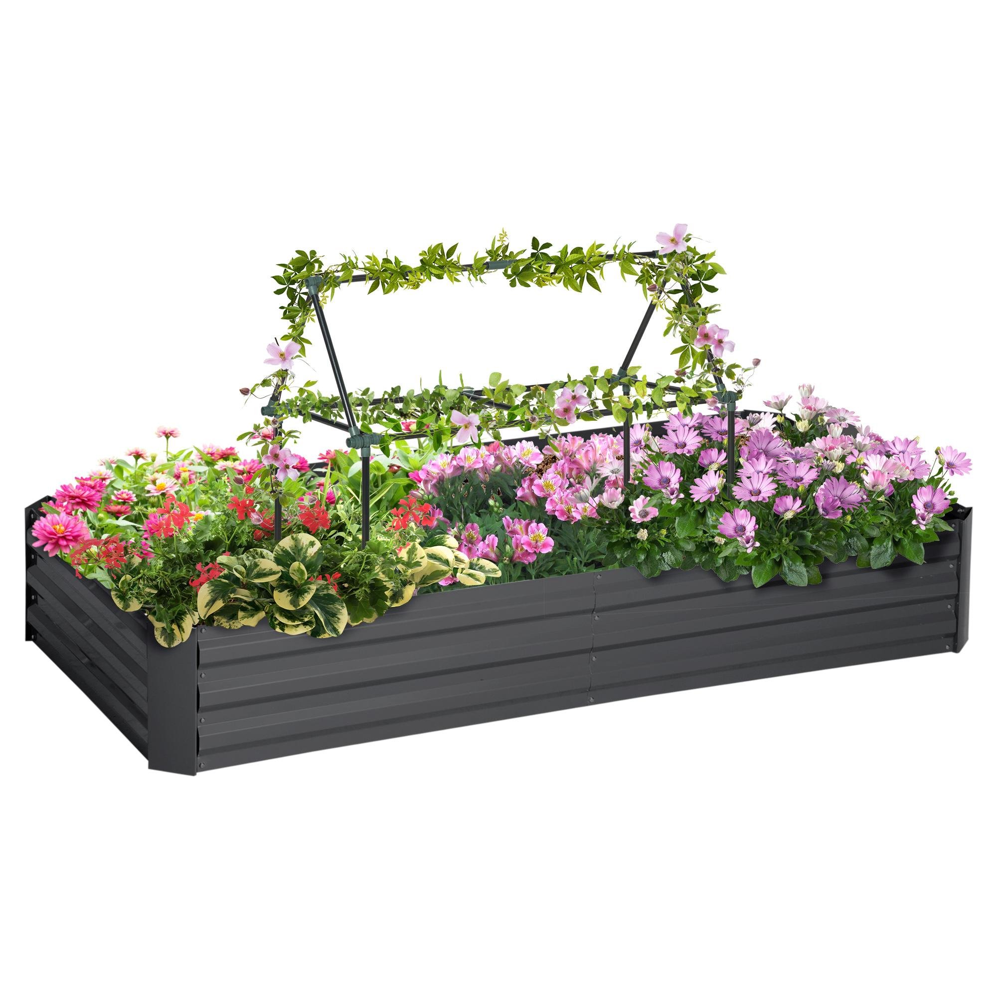 Dark Grey Metal Planter with 2 Tomato Cages, 6' x 3' x 1'