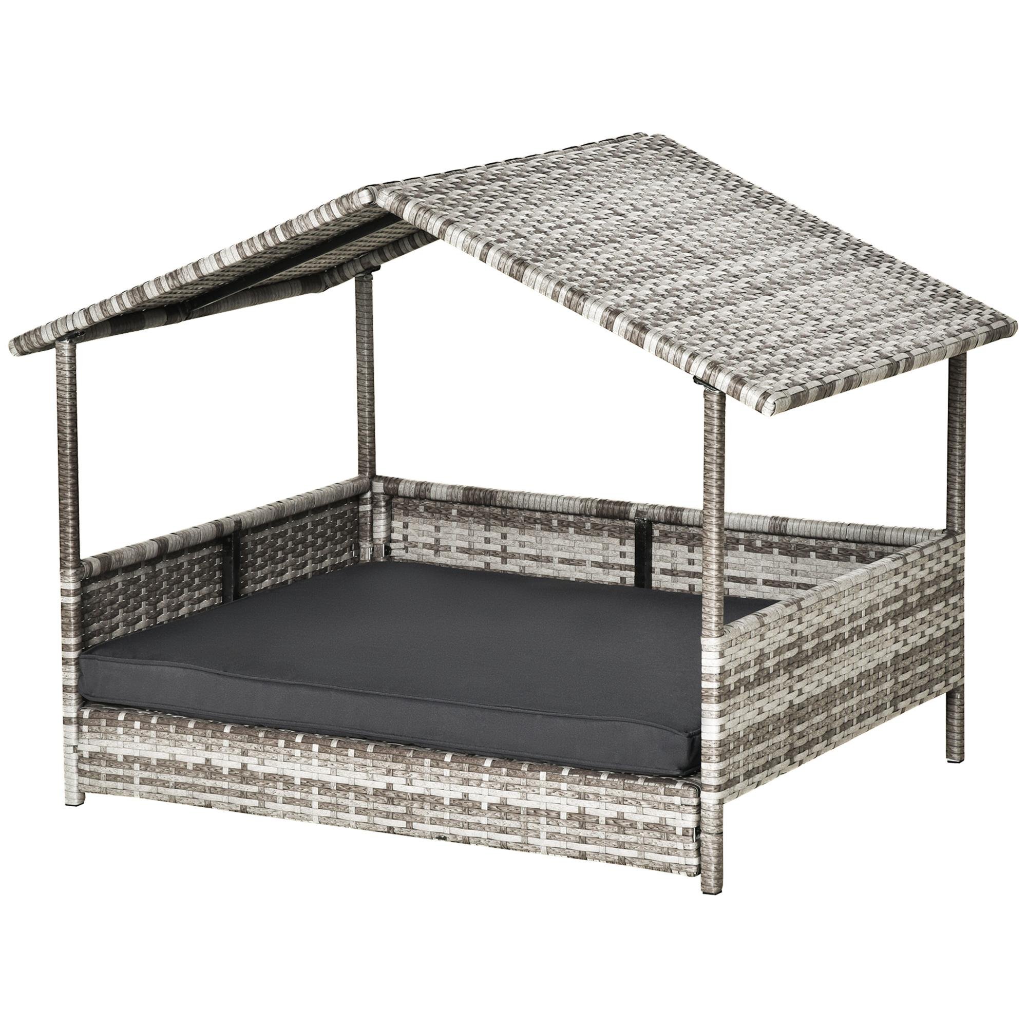 Dark Grey Rattan Dog Cot with Roof for Small Dogs
