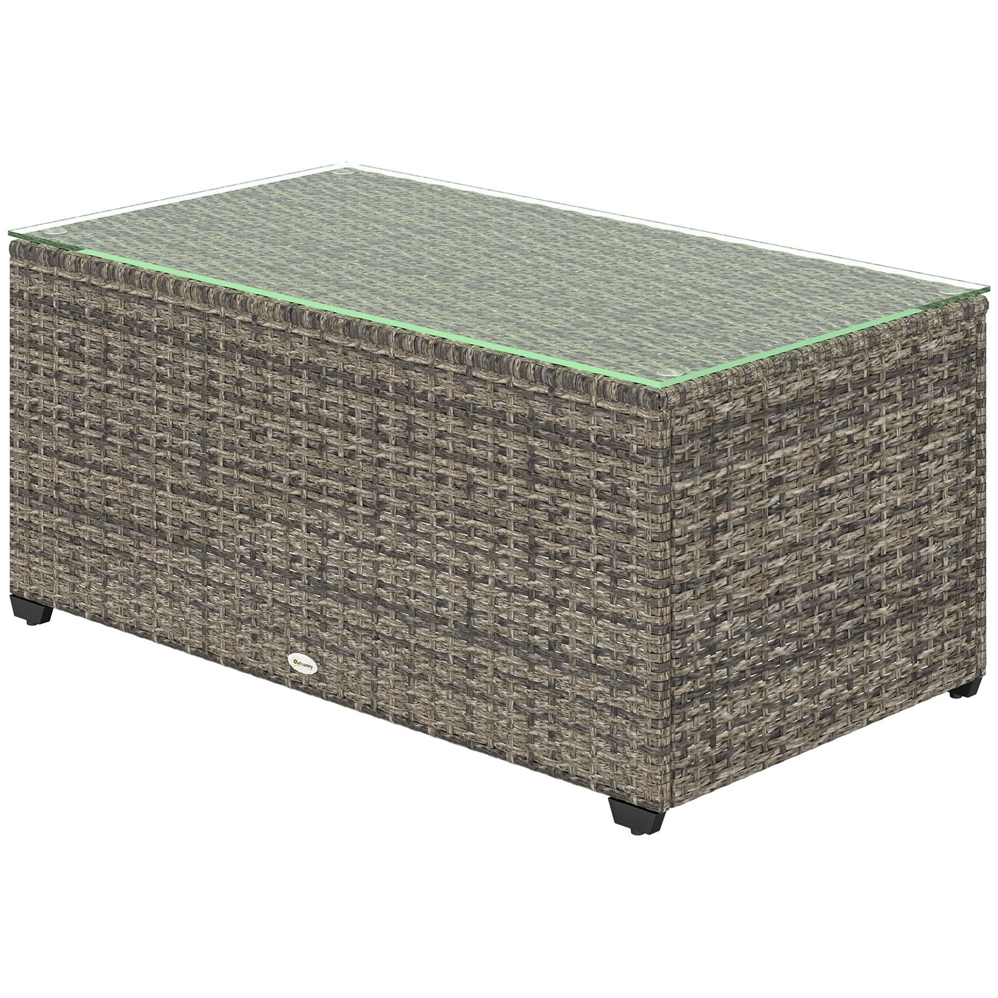 Dark Grey PE Wicker Table with Tempered Glass Top