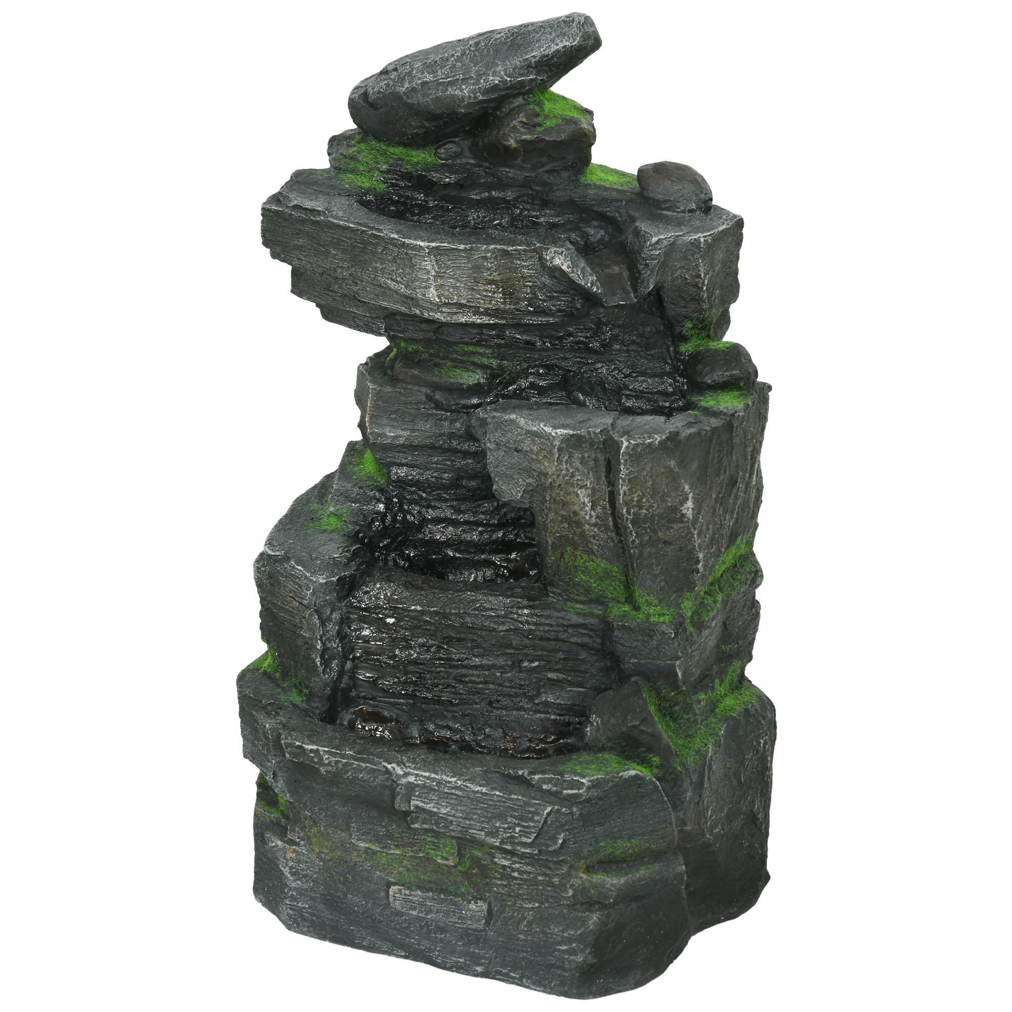 Dark Grey Resin Rock Fountain, Four-Tier Solar Water Feature