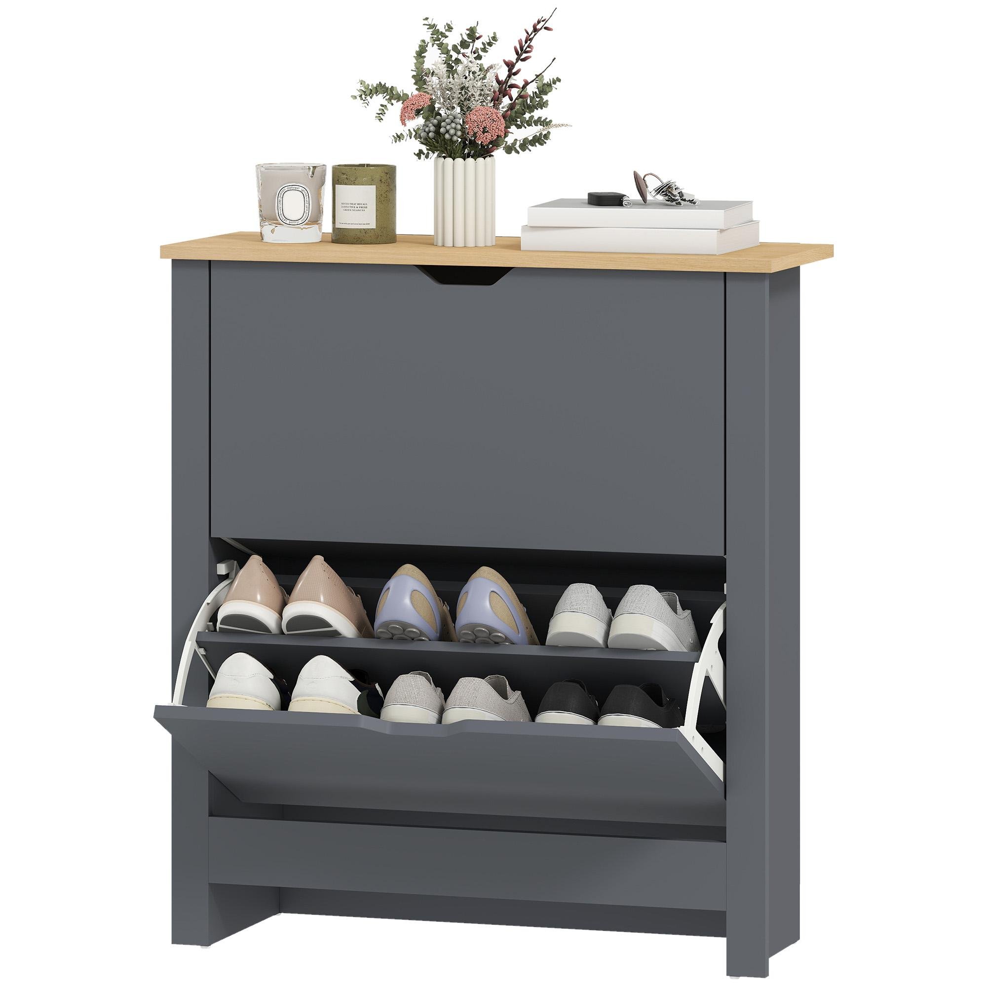 Dark Grey 12-Pair Cabinet with Flip Drawers for Entryways