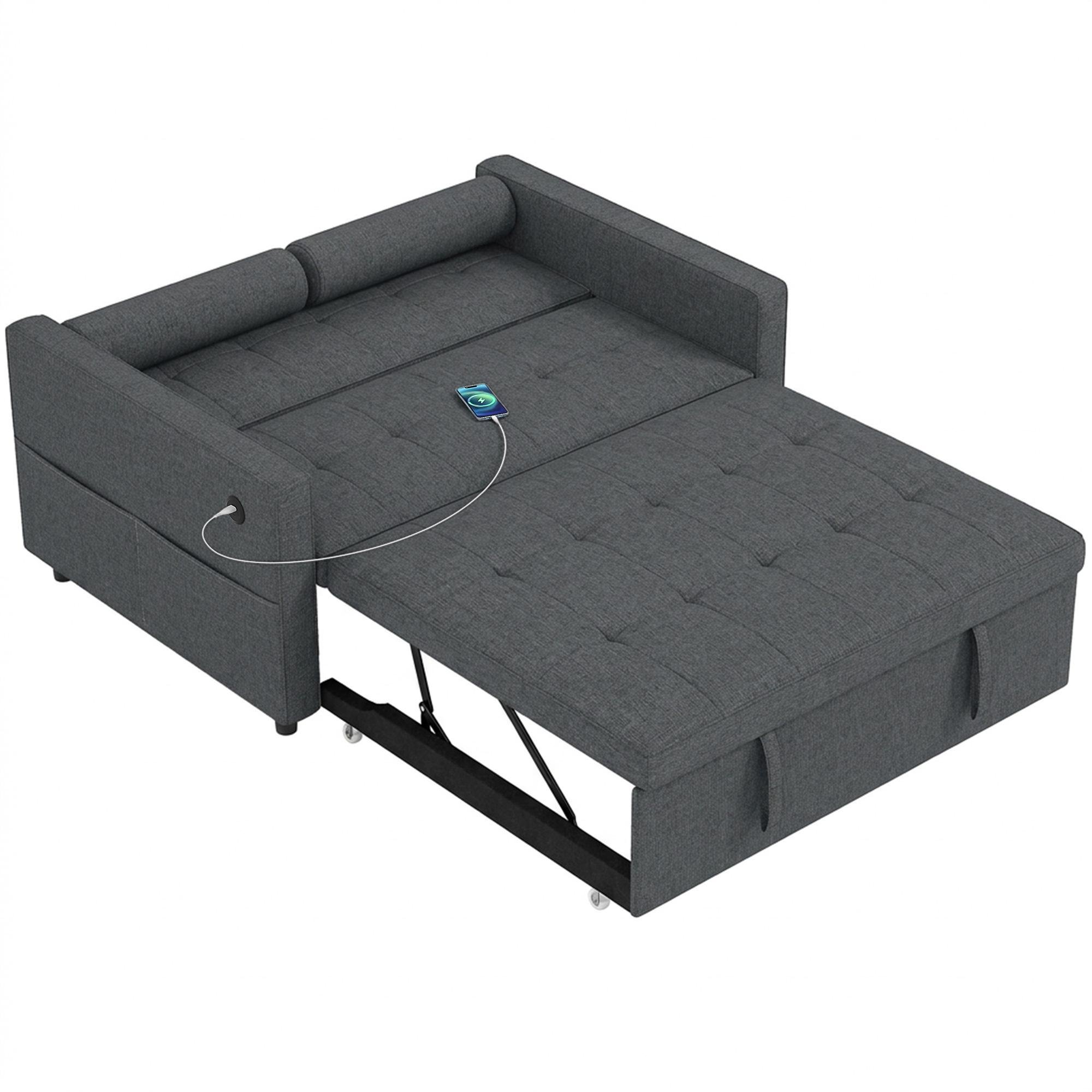 Dark Grey Pull-Out Sofa with USB Ports, 74.8-Inch Bed