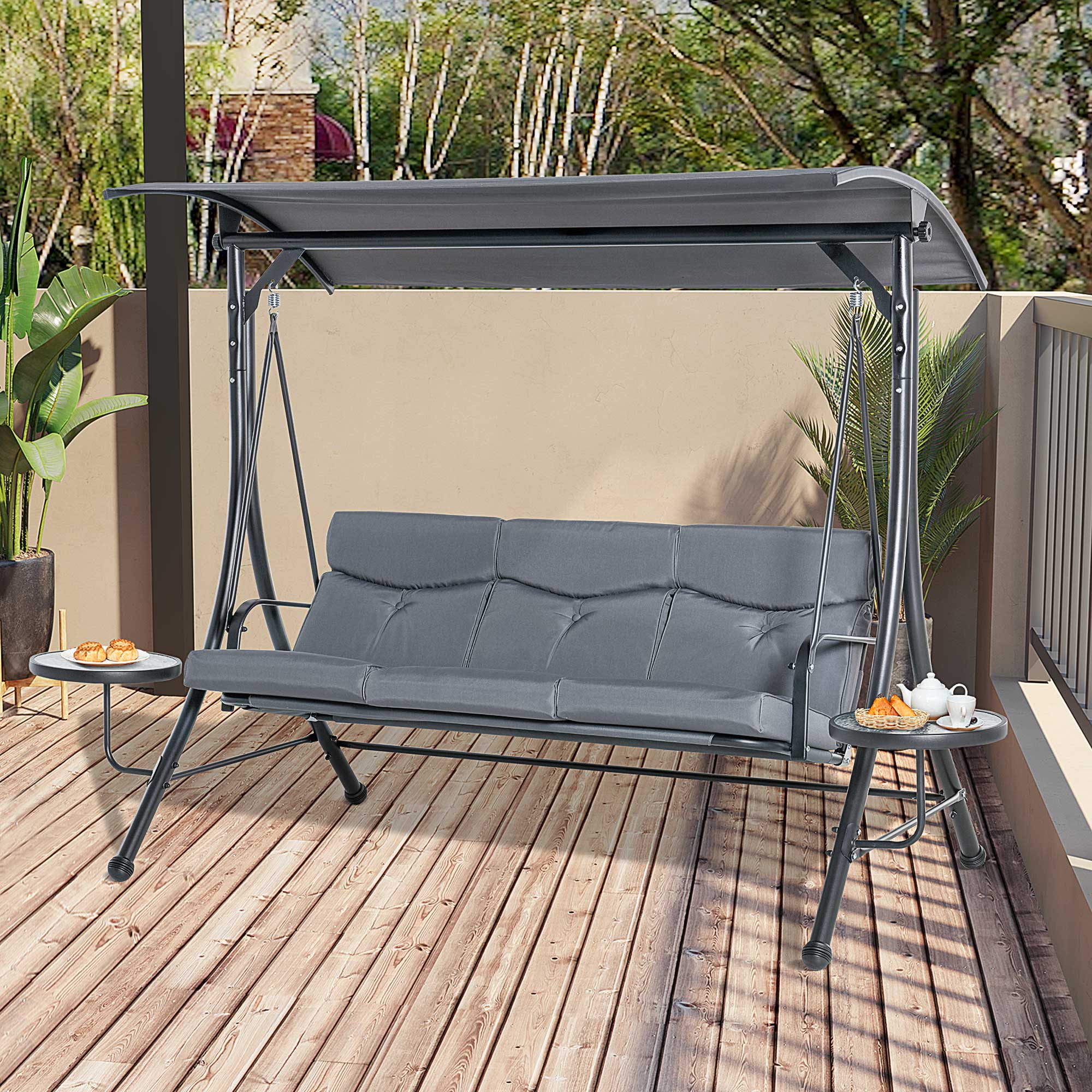 Dark Grey Steel Patio Swing, 3-Seat Adjustable Canopy