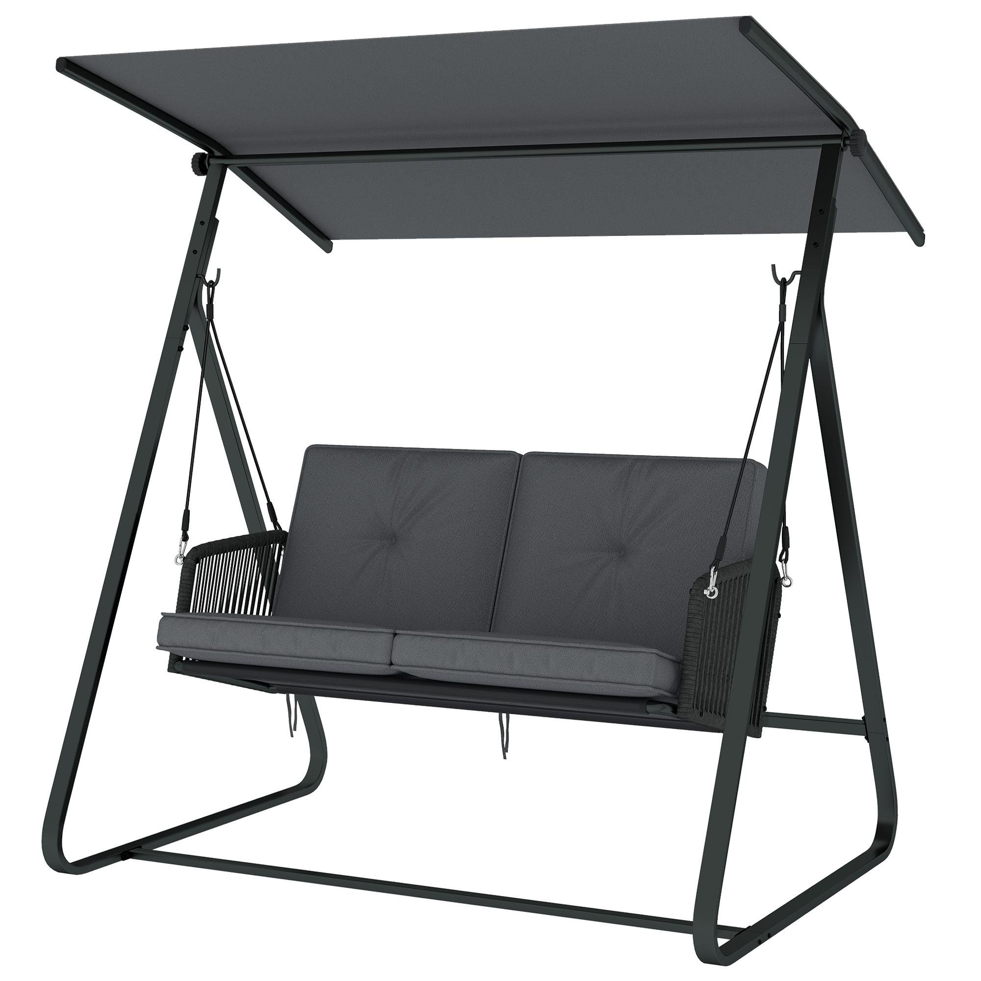 Dark Grey Rattan Porch Swing with Adjustable Canopy