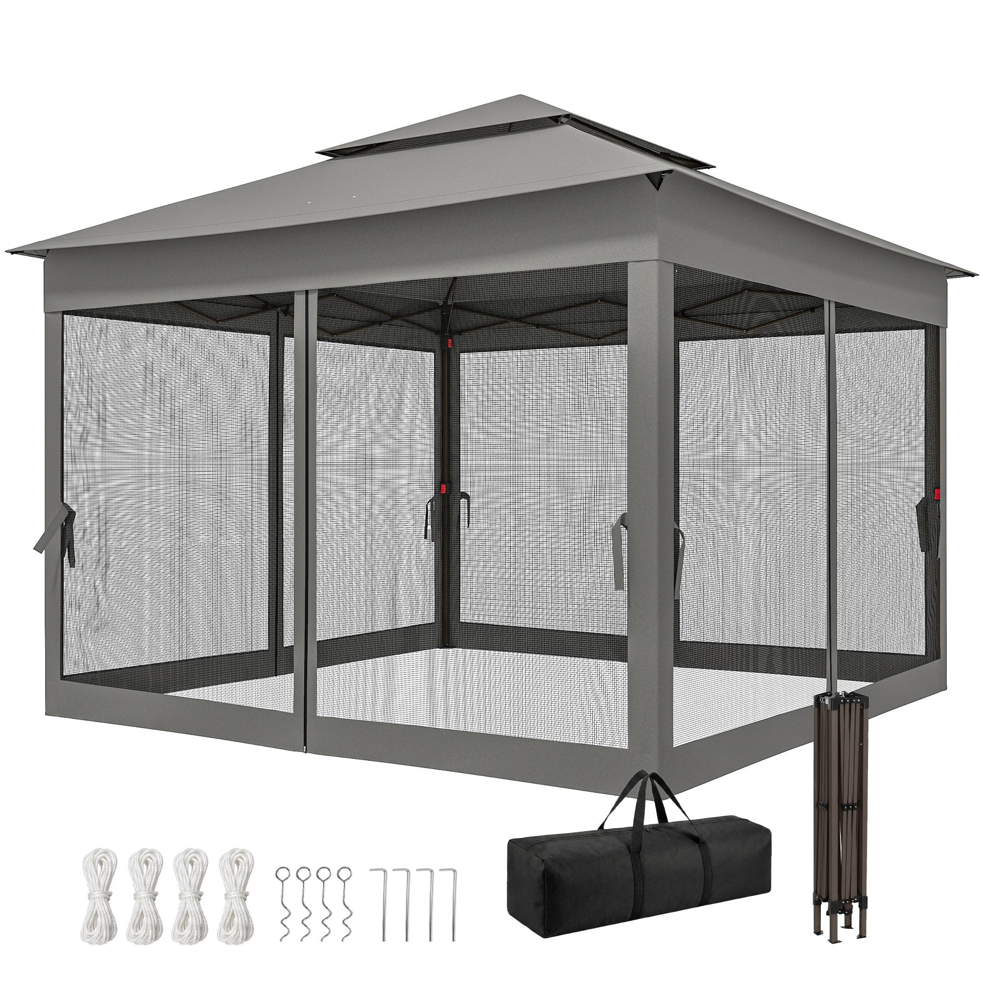 dark grey two-tier gazebo with mesh netting