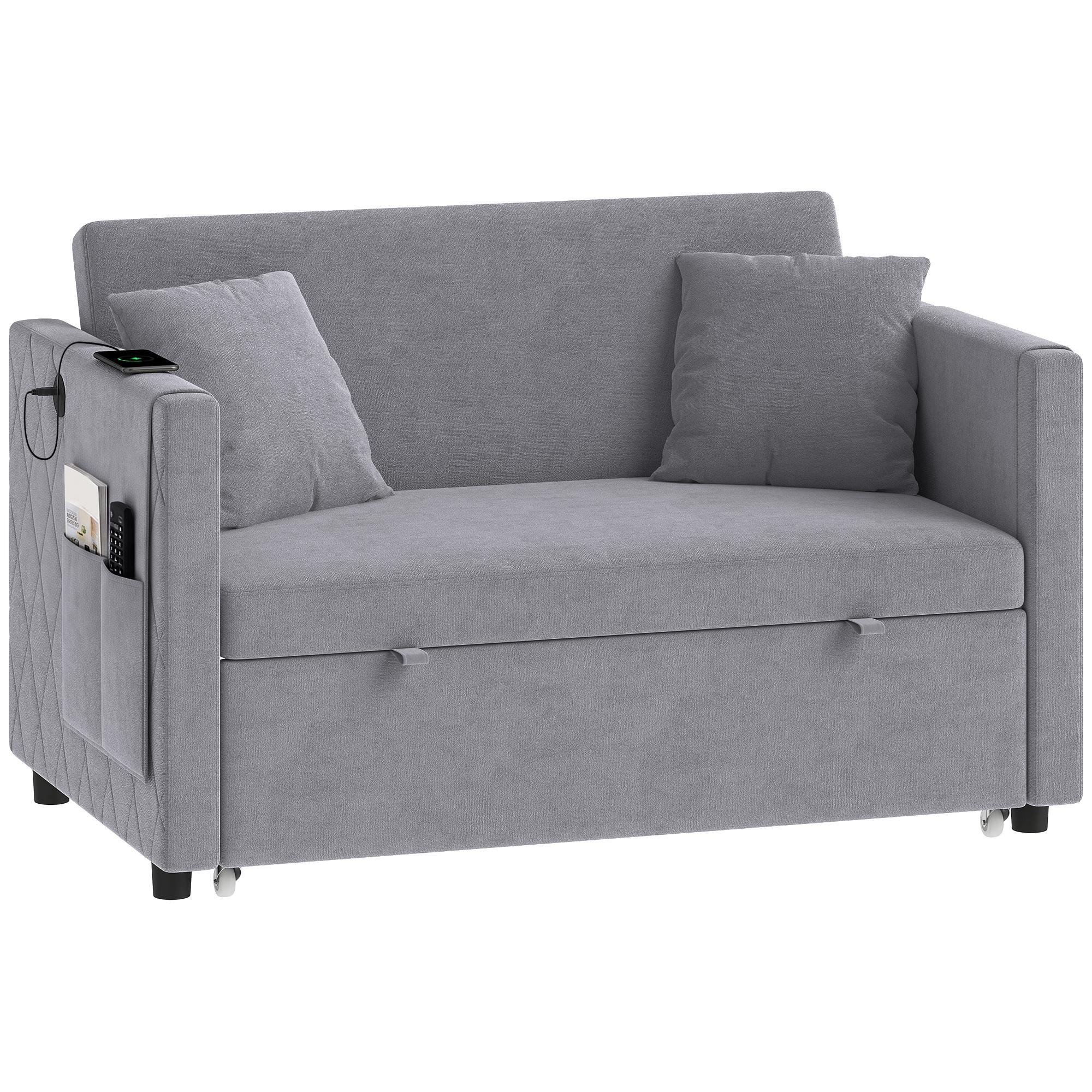 Dark Grey Velvet Sofa Bed with USB Ports, 52-Inch Loveseat