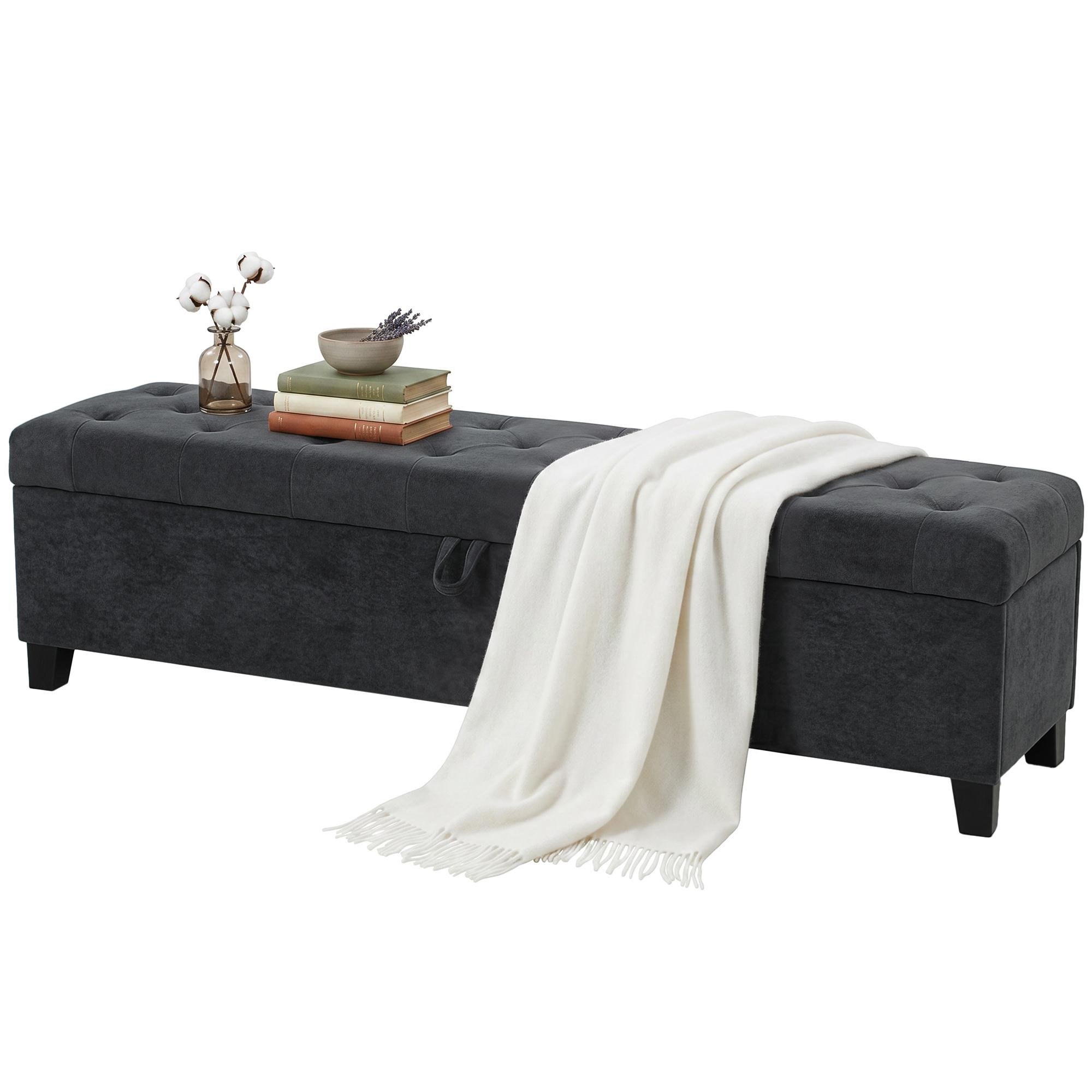 Dark Grey Velvet Storage Bench with 63 in Extended Length