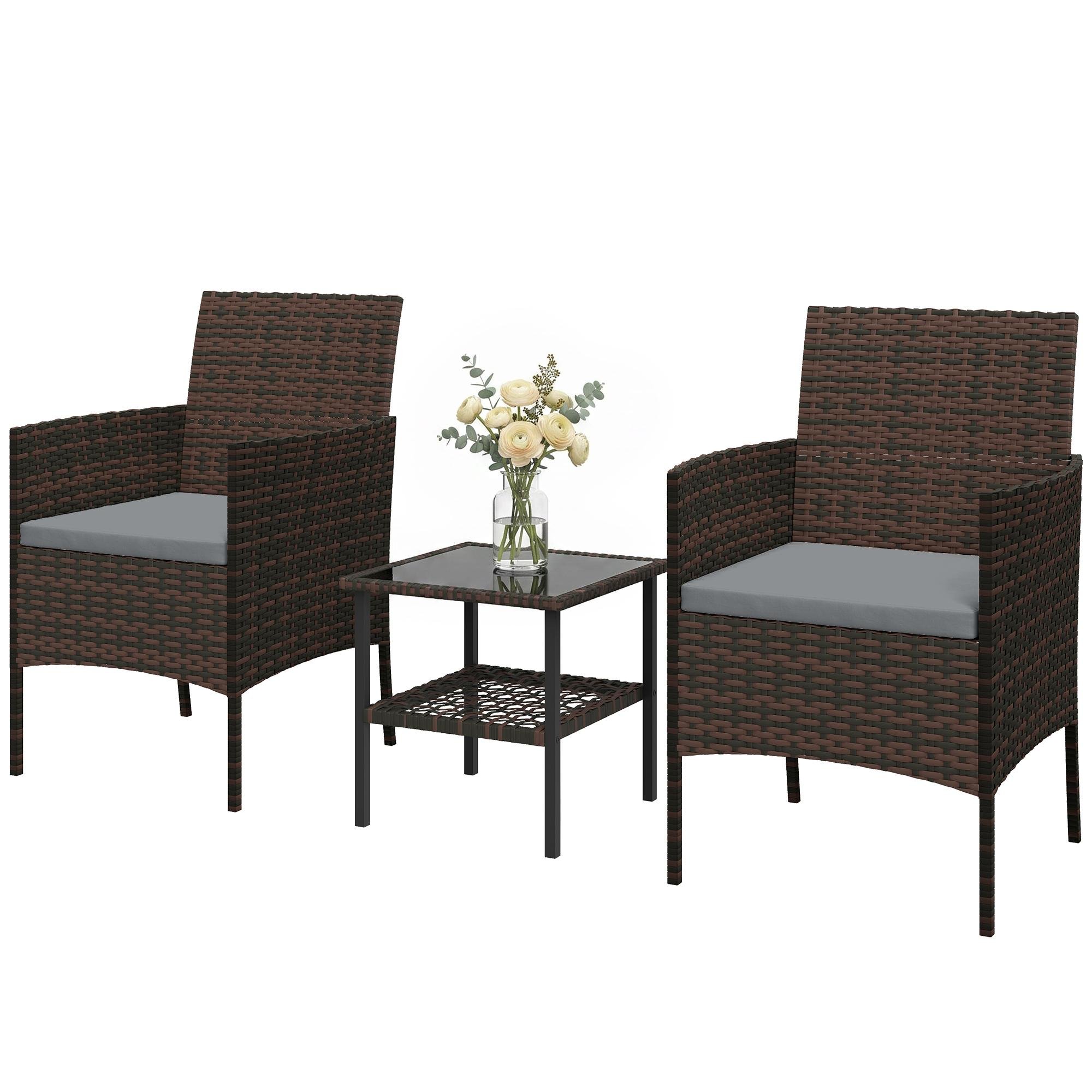 Dark Grey Wicker Bistro Set with Glass-Top Table for Balconies