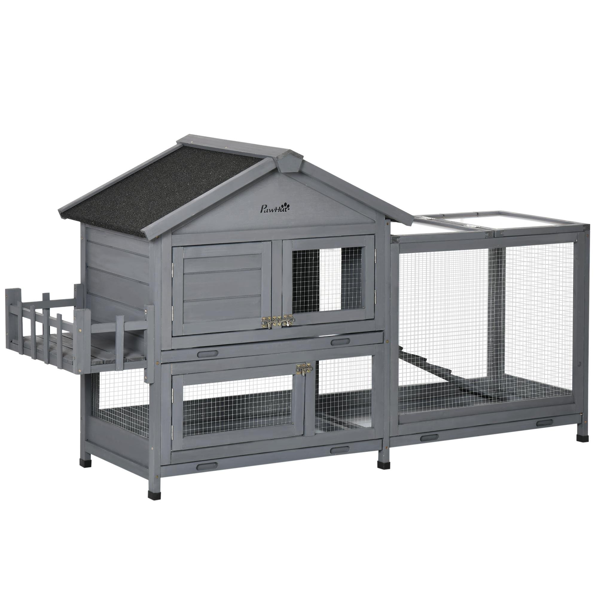 Dark Grey Wooden Rabbit Hutch with Large Run, 65.2-Inch