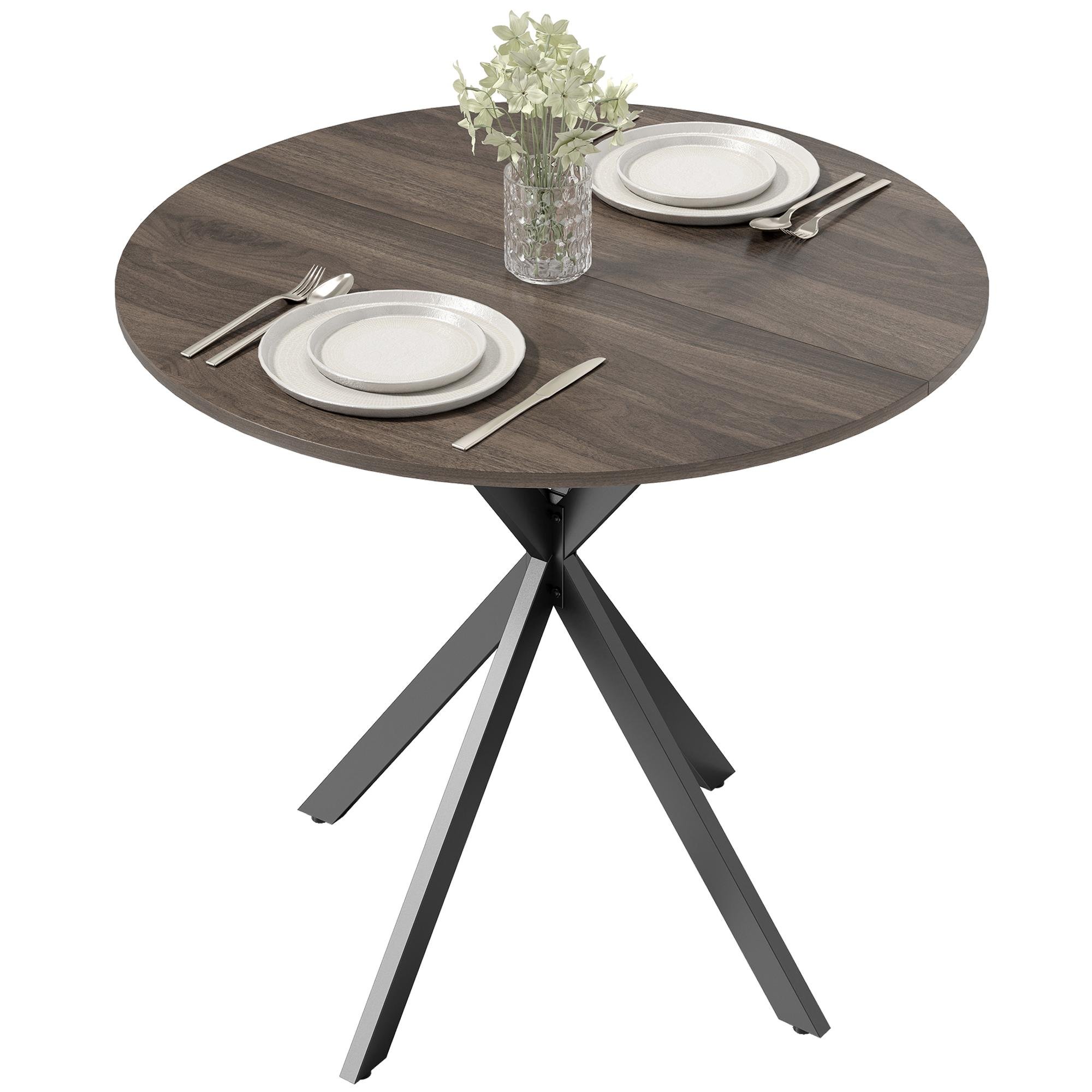 Distressed Brown Round Dining Table with Cross Steel Legs