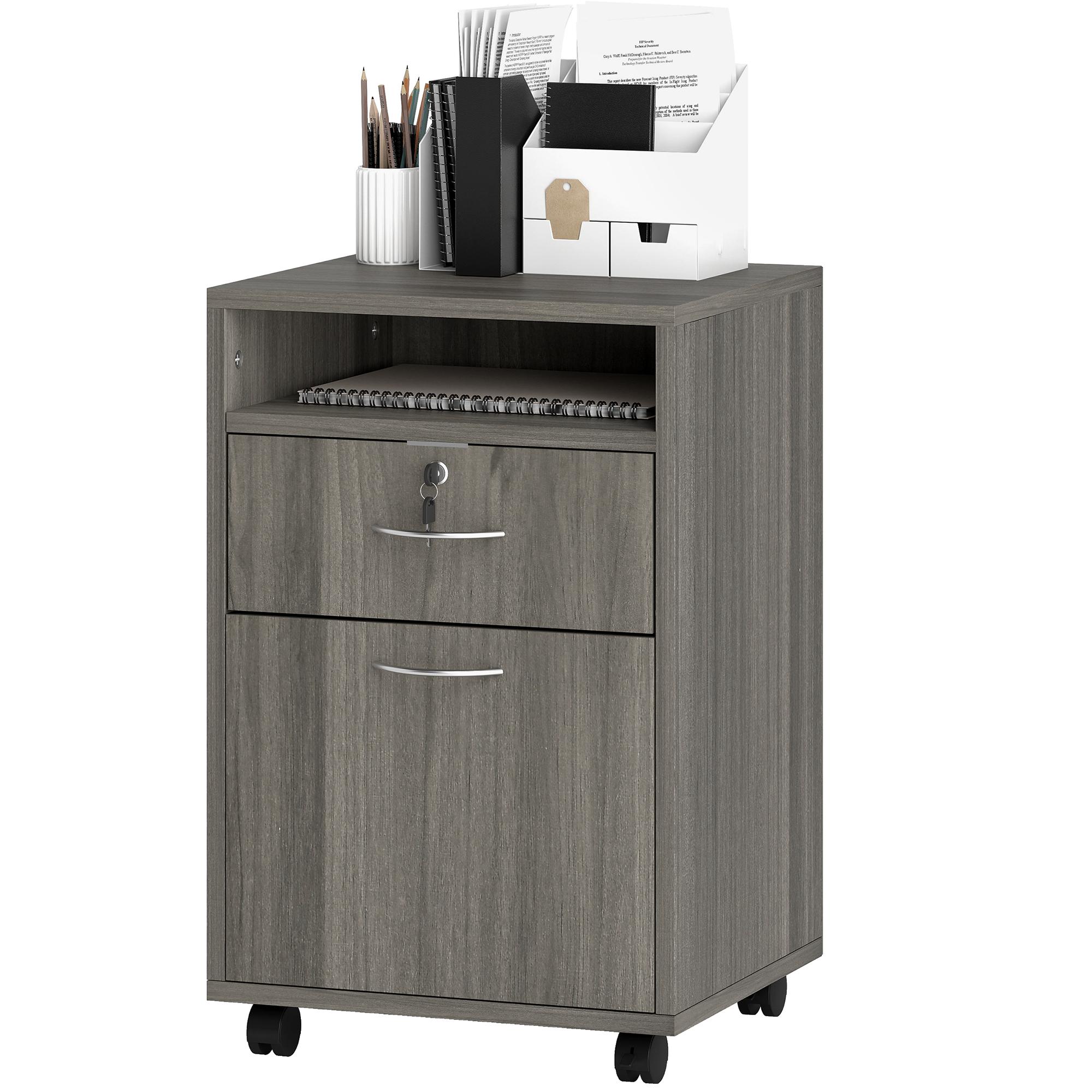 Distressed Grey Office Cabinet with Open Shelf and Lockable Drawer