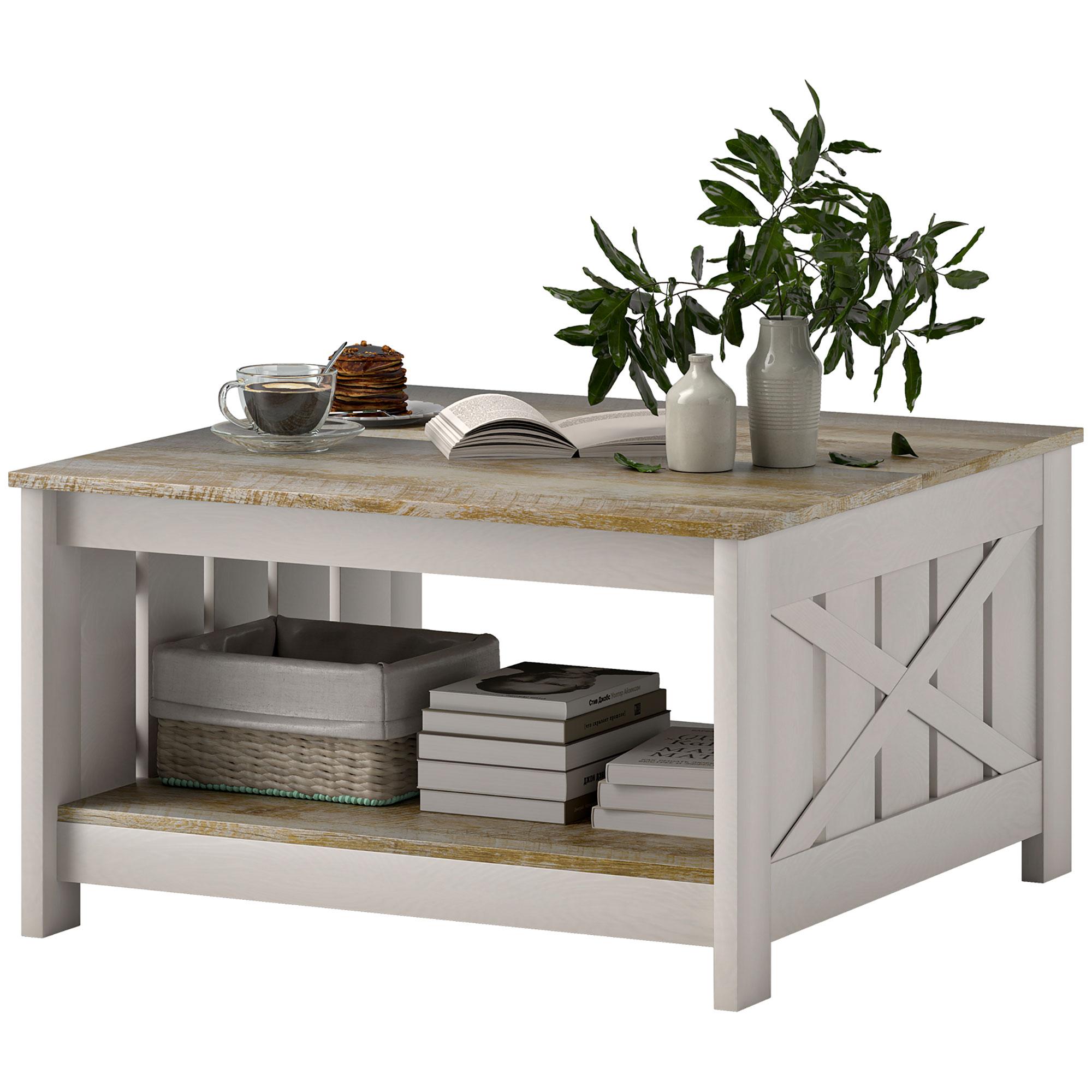 Distressed Oak Coffee Table, 2-Tier Farmhouse Design, 31.5-Inch Square