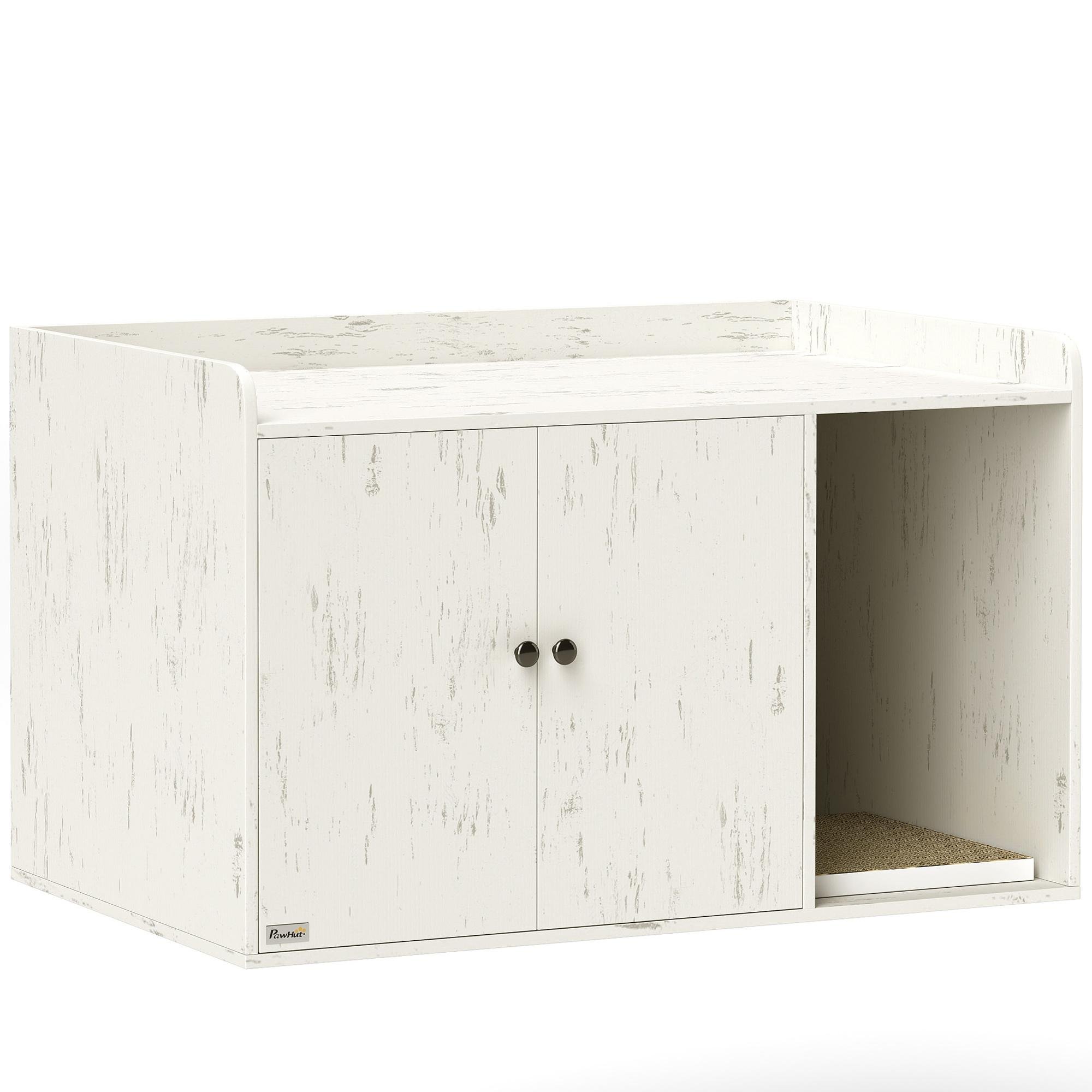 Distressed White Litter Enclosure with Scratching Mat