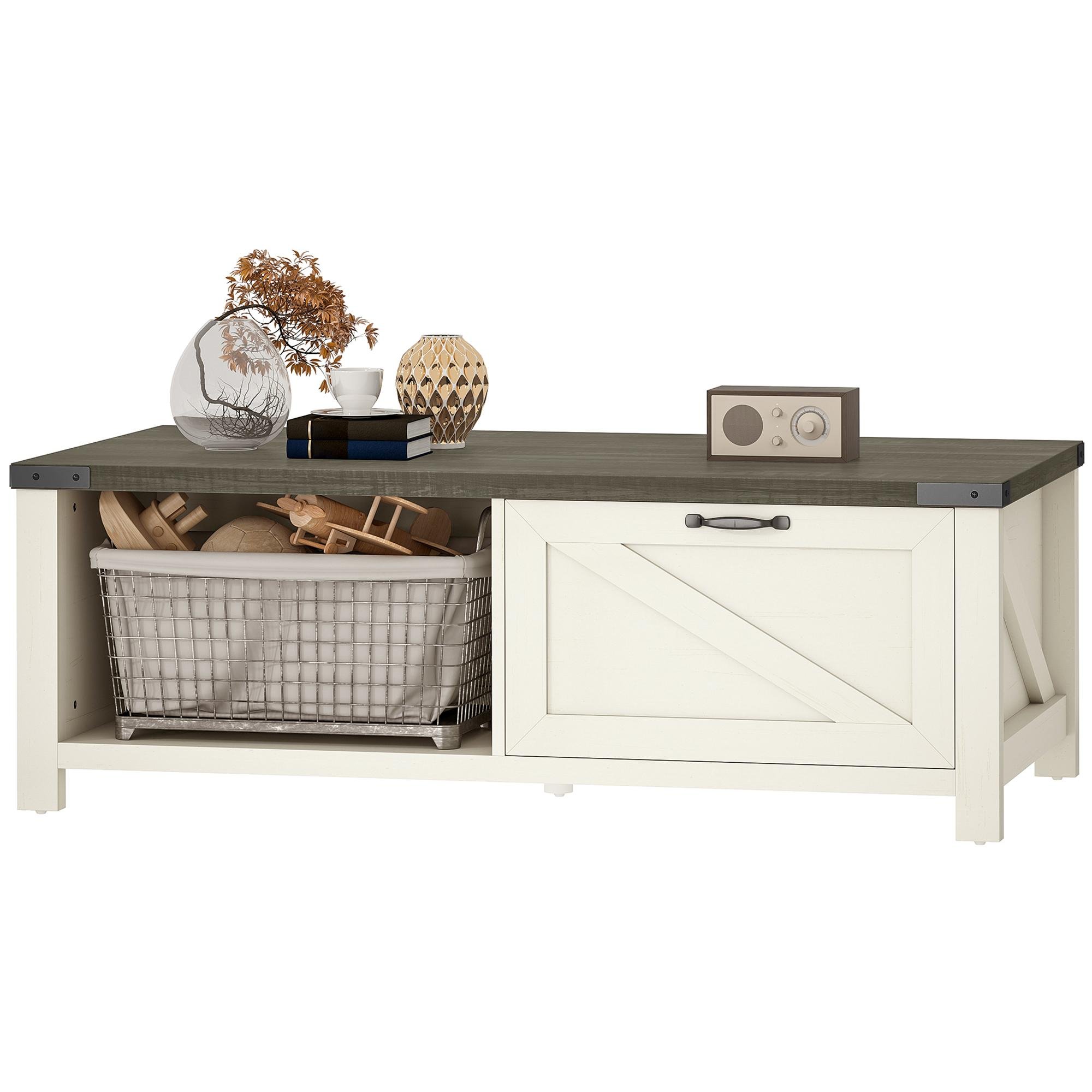 Distressed White Farmhouse Coffee Table with Storage