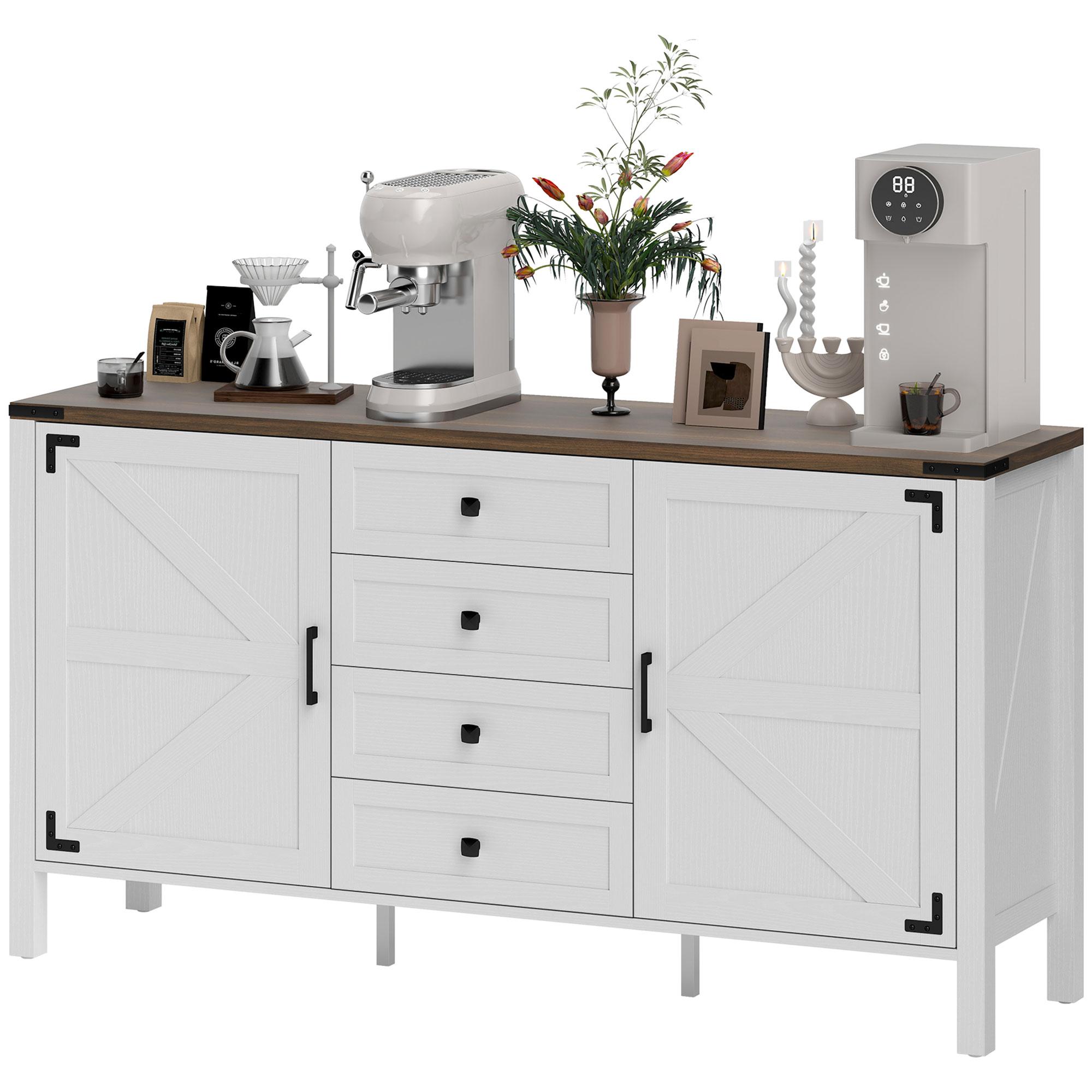 Distressed White Farmhouse Sideboard with 4 Drawers