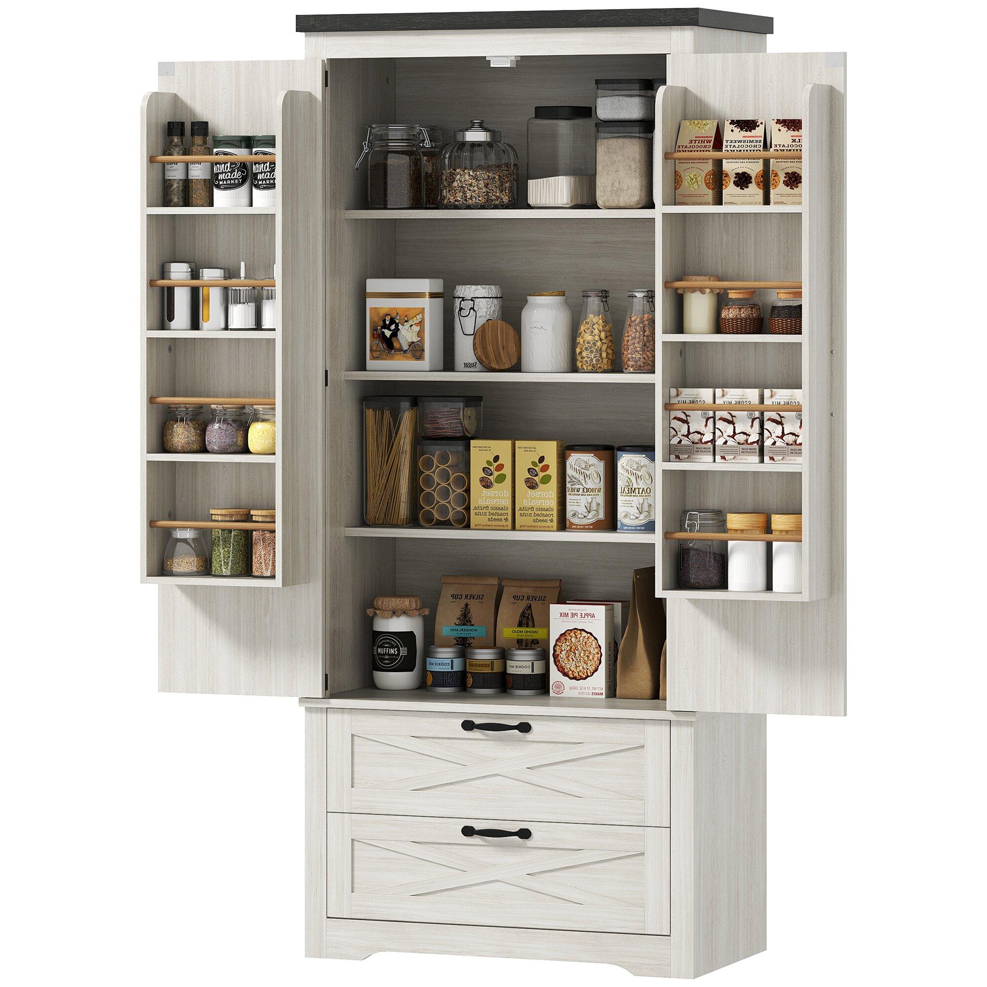 Distressed White Pantry Cabinet with 8 Door Shelves