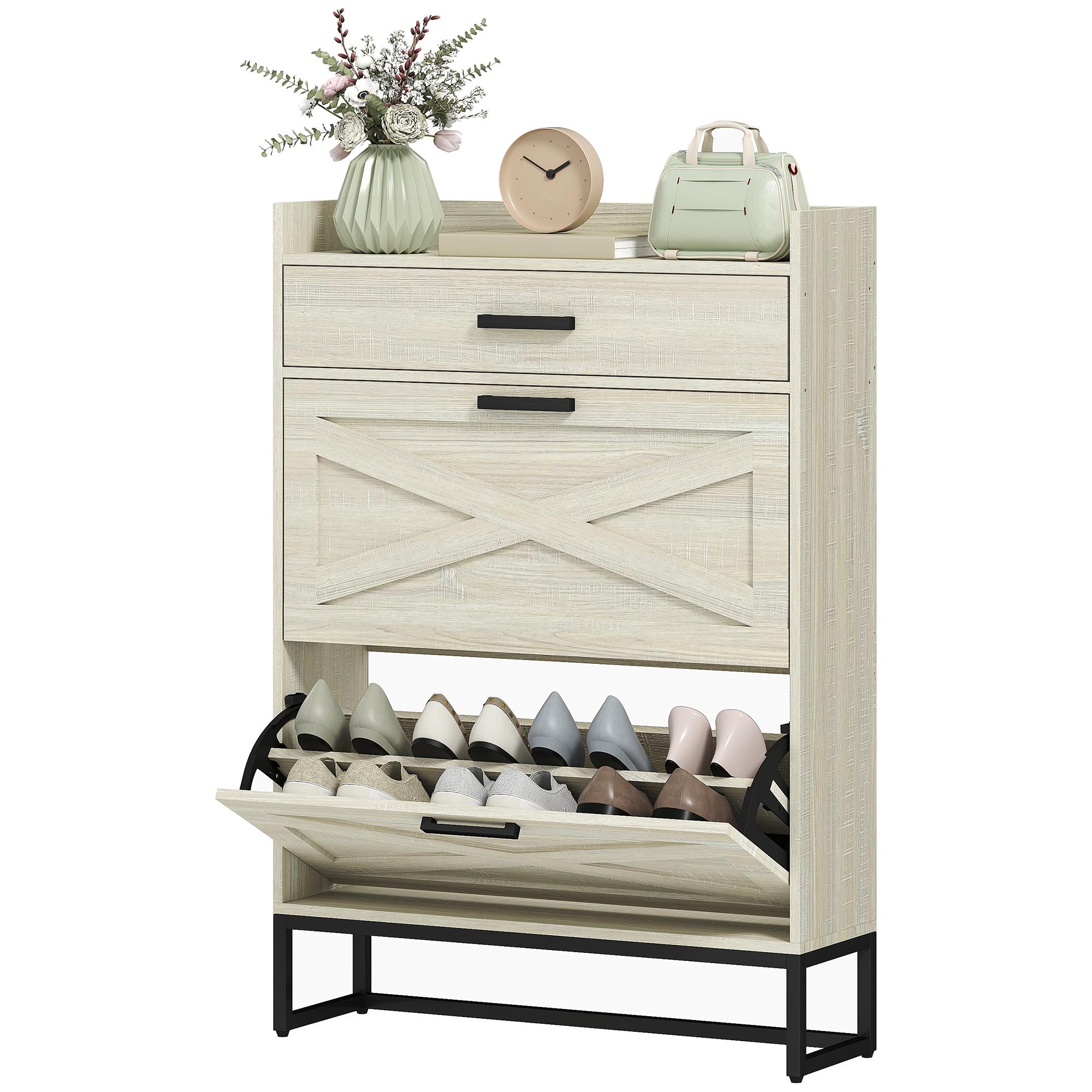 Distressed White Shoe Cabinet with 12-Pair Storage