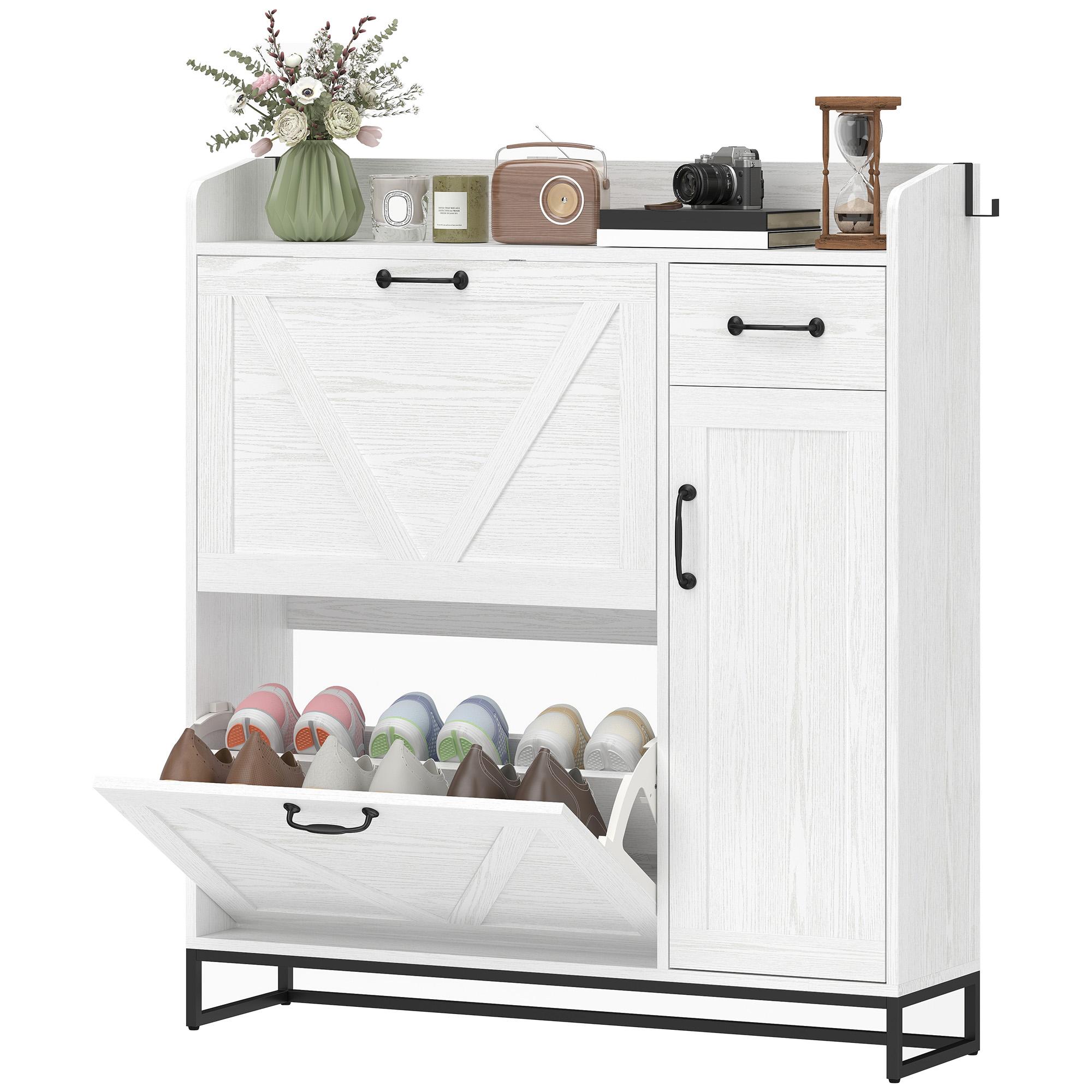 Distressed White 12 Pair Cabinet with Adjustable Shelves