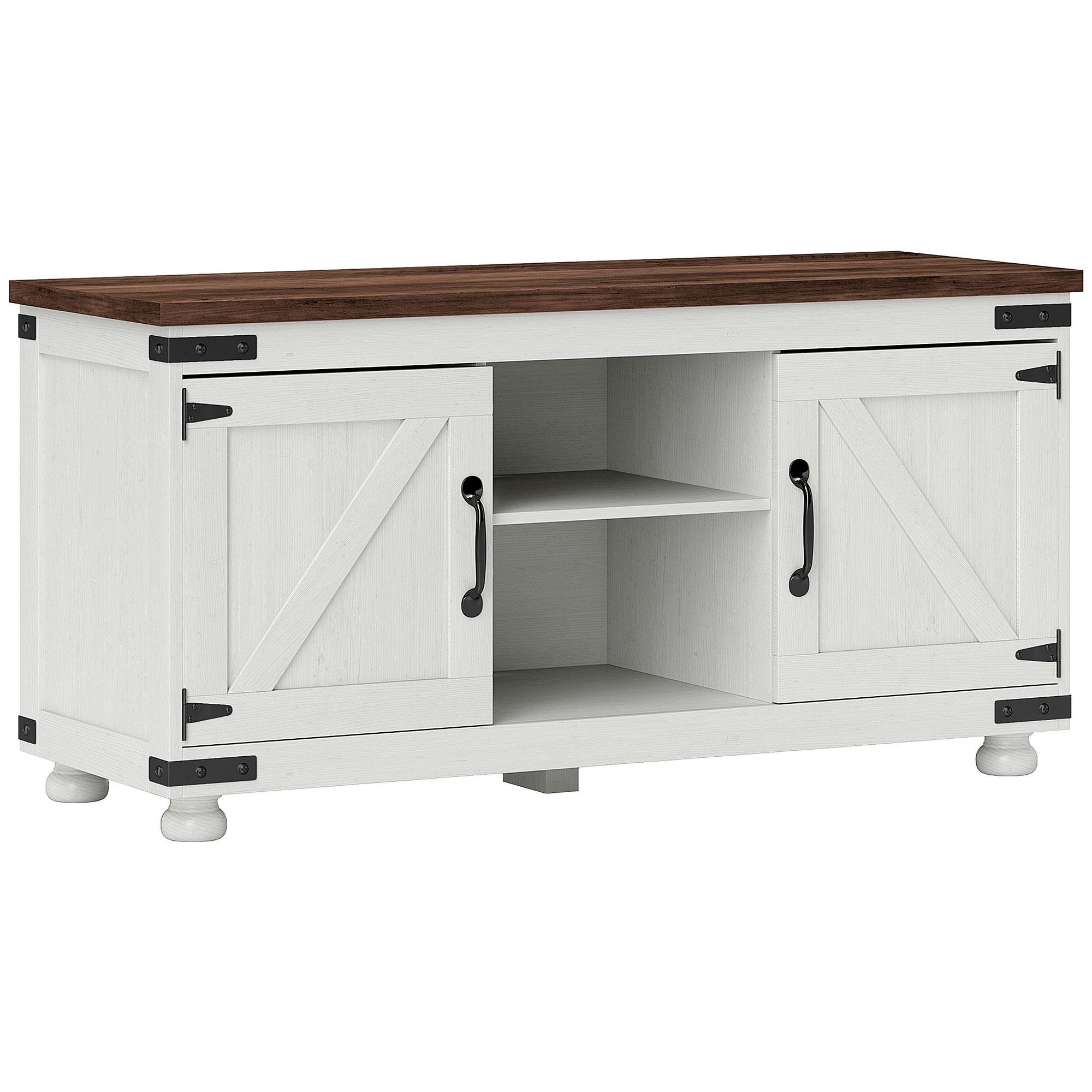 Distressed White Farmhouse TV Stand with Barn Doors