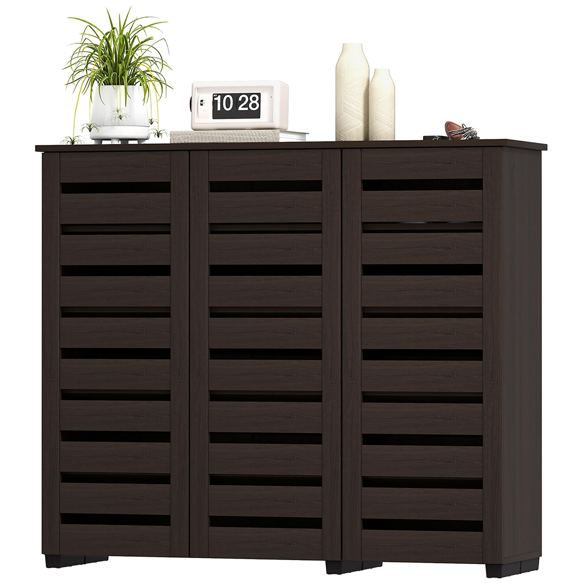 Espresso 20 Pair Shoe Cabinet with Slatted Doors, 3 Doors