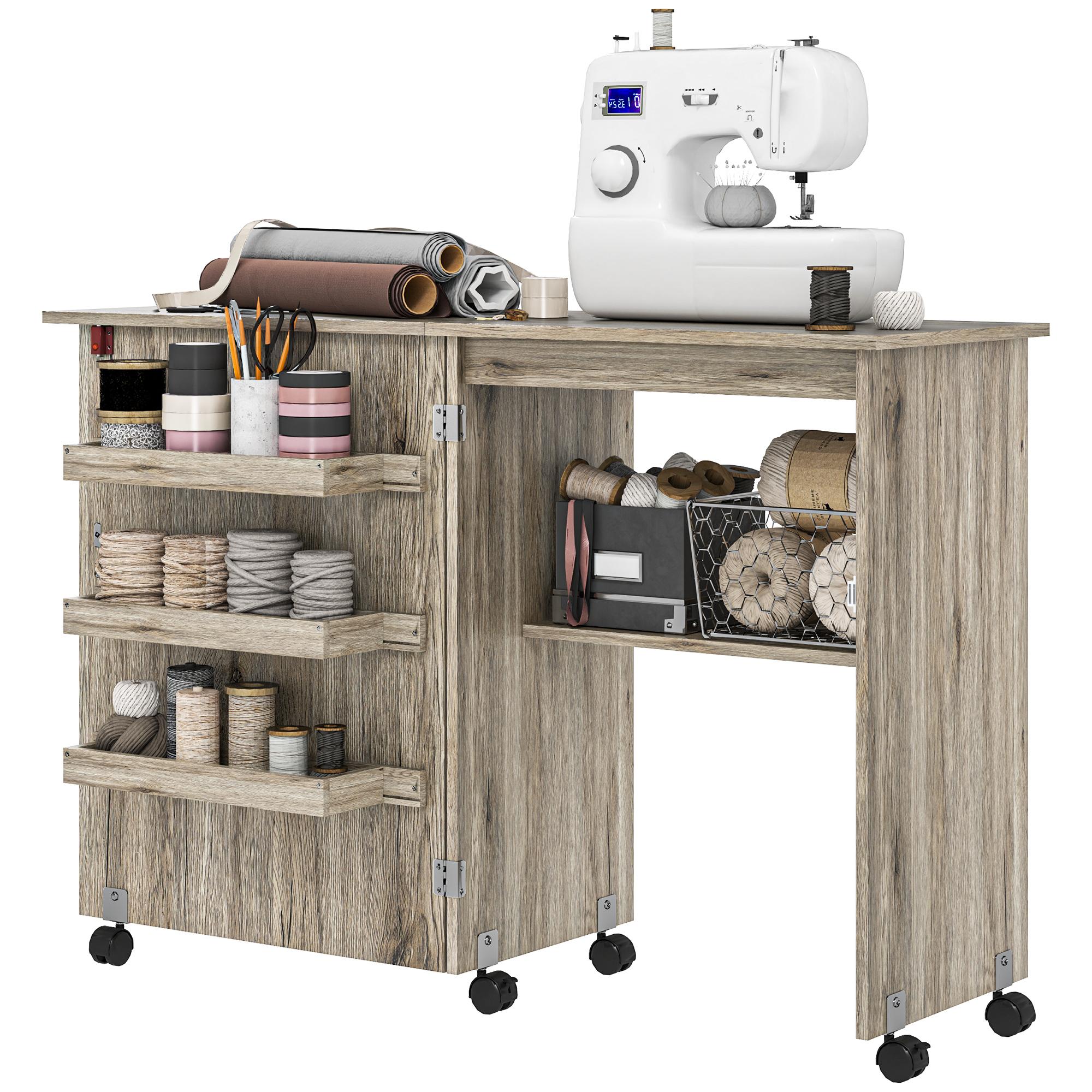 Grey Folding Sewing Cabinet with Storage for Small Spaces