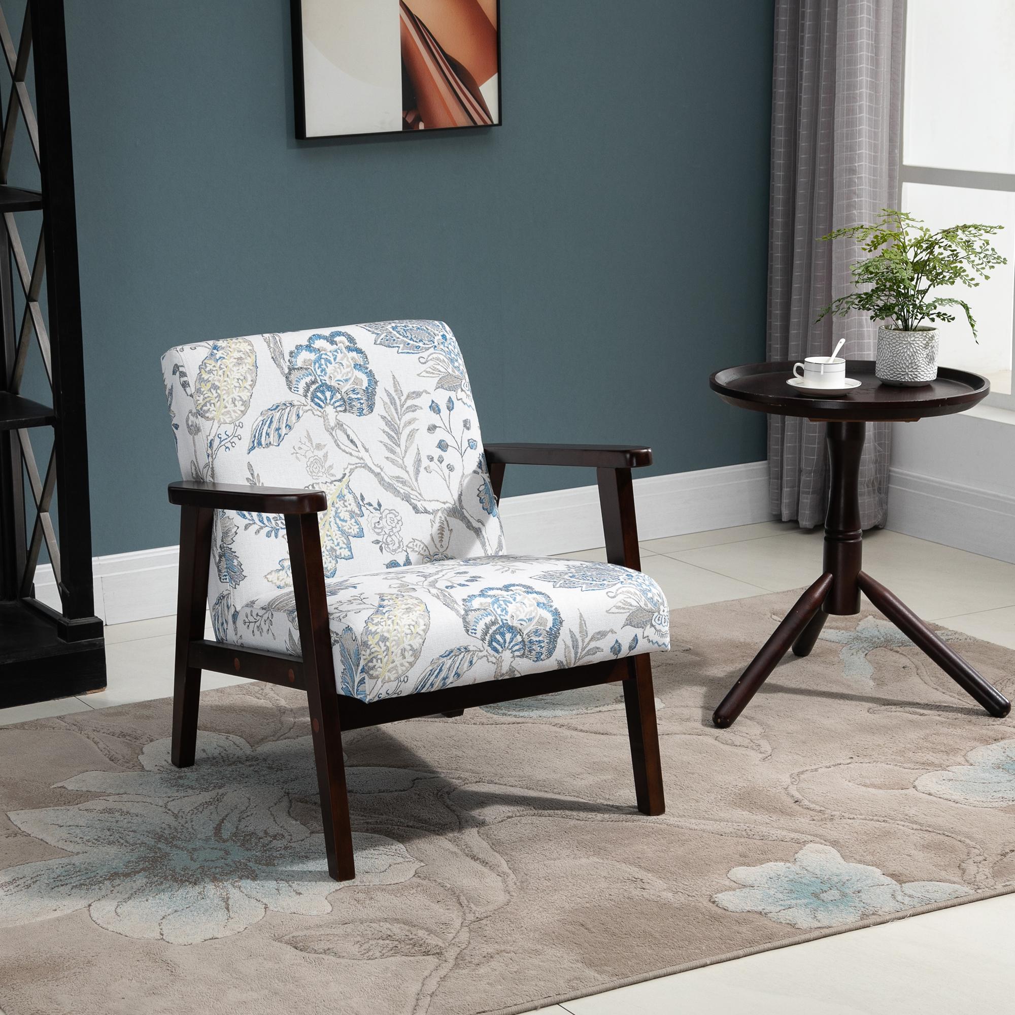 Flower Pattern Rubberwood Accent Chair with Padded Seat