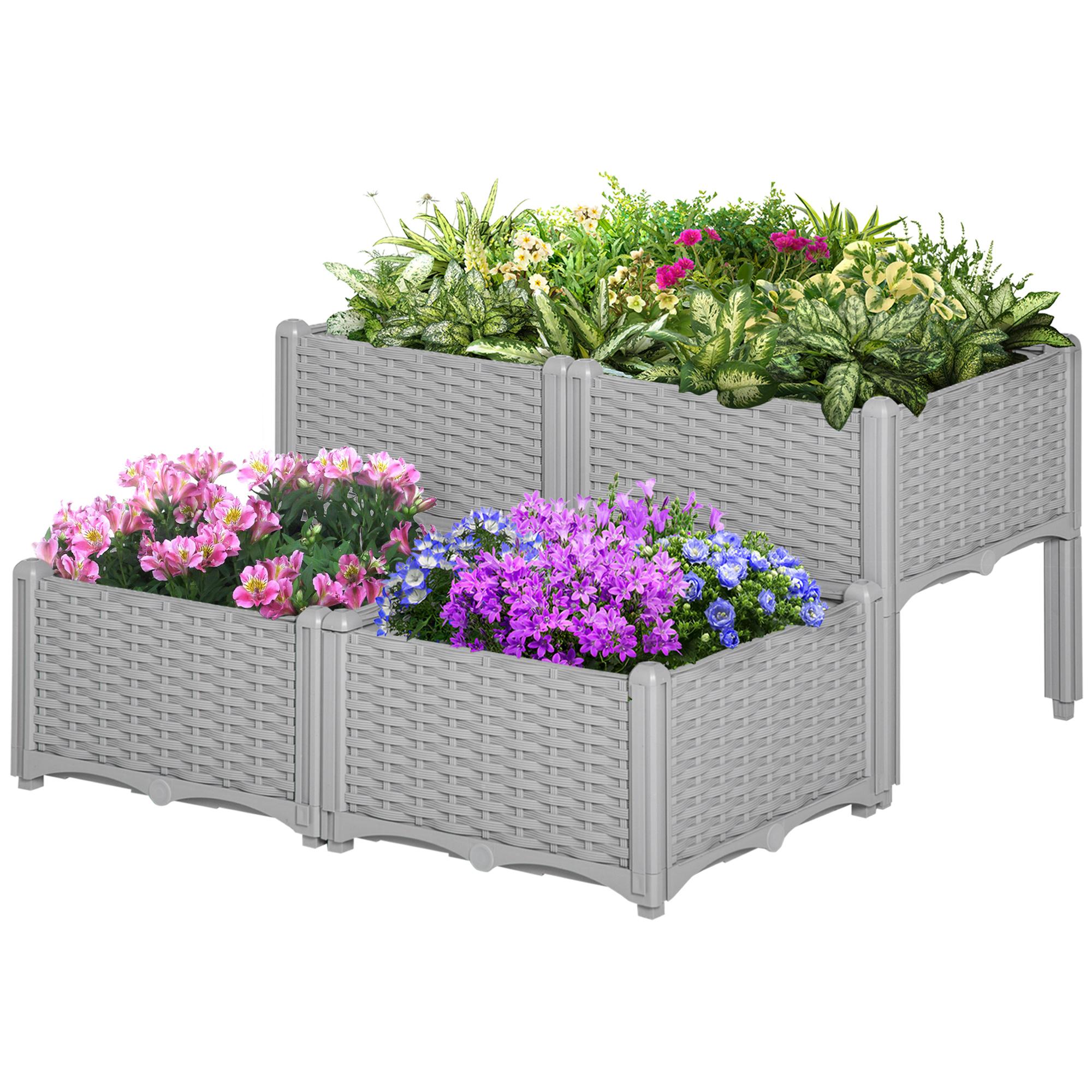 Grey PP Elevated Planter with Self-Watering Design, 4 PCs
