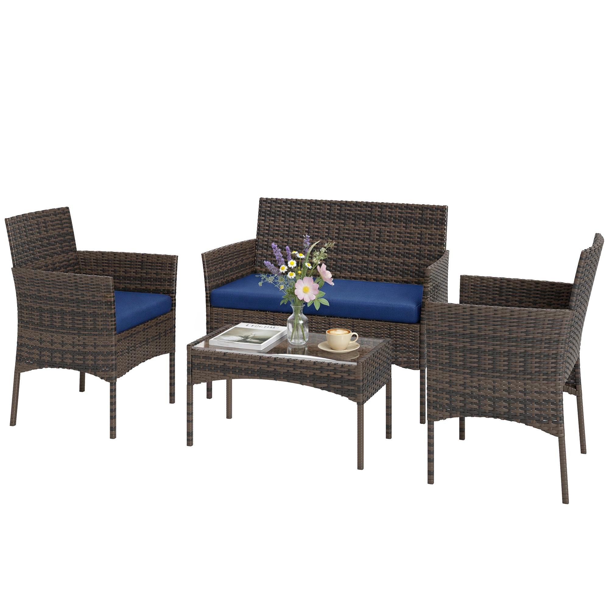 Blue PE Rattan Patio Set with Loveseat and Glass Table