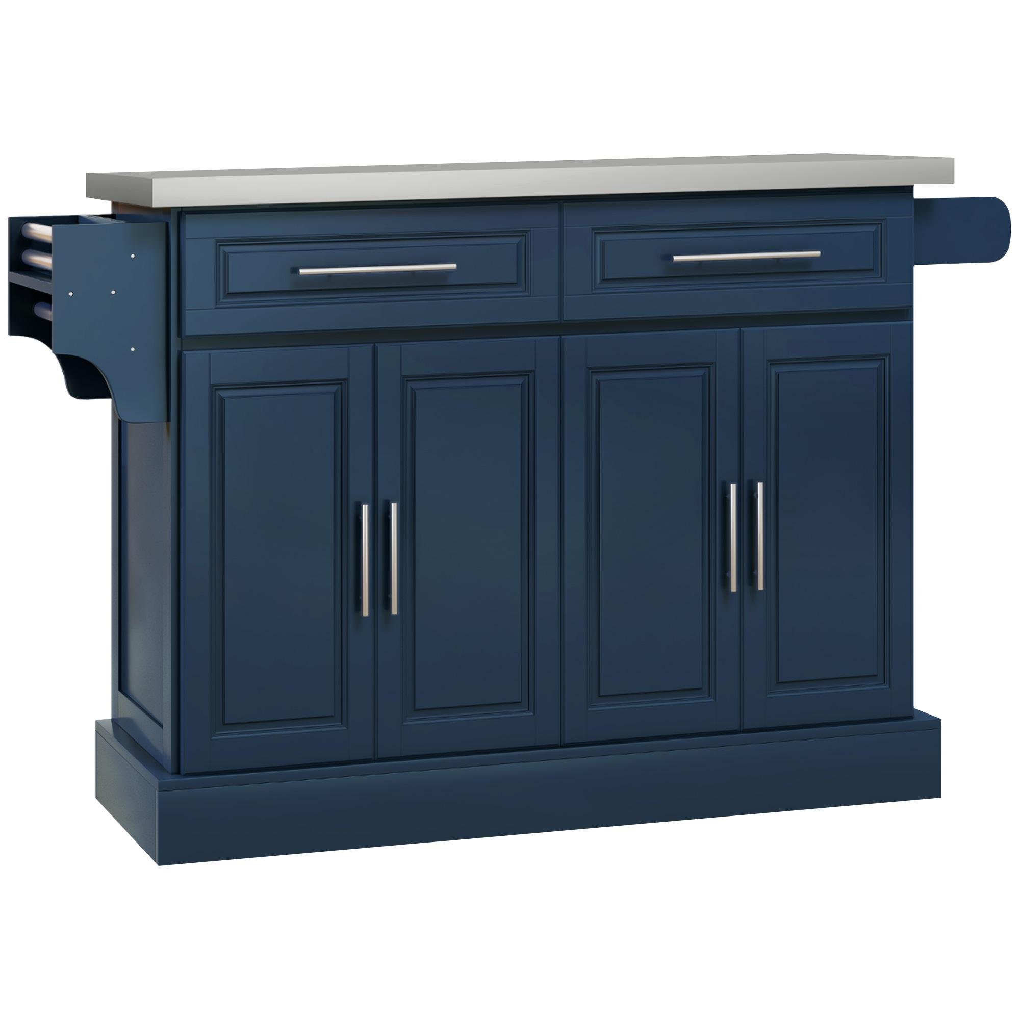 Blue Rolling Kitchen Island with Stainless Steel Top