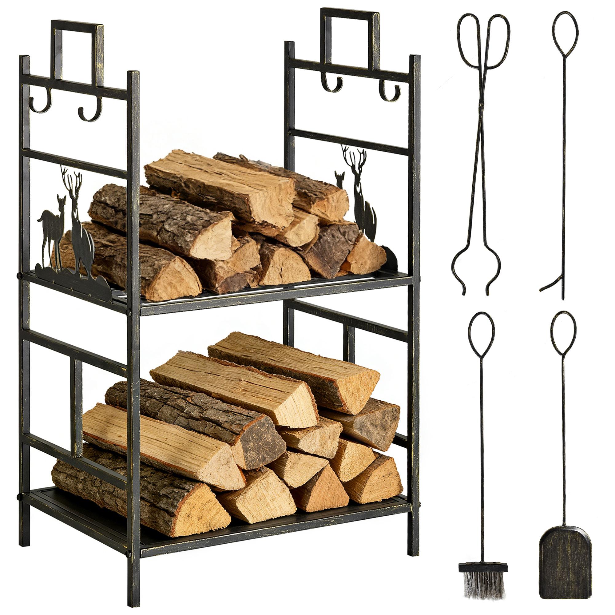 Gold Iron Firewood Rack with Tools, 20.25 x 13 x 30.25 in