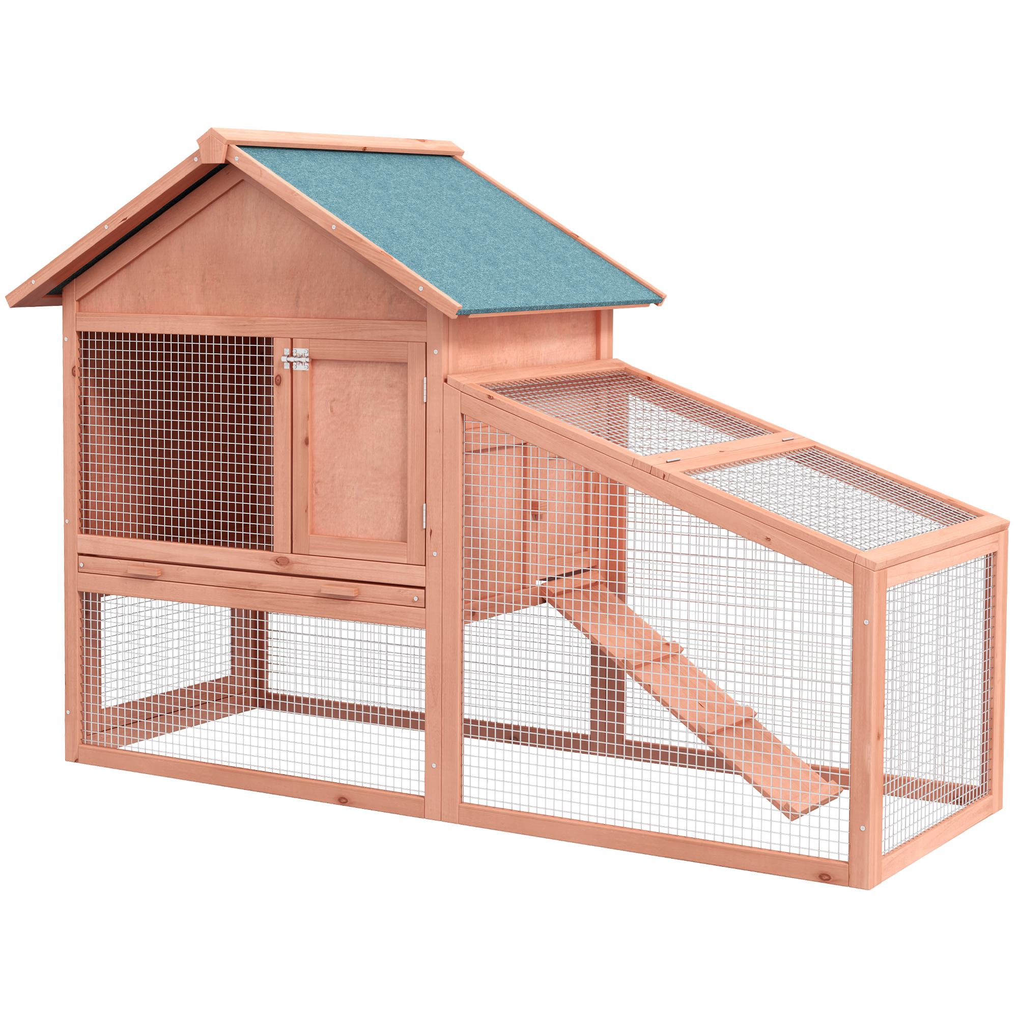 Gold Red Fir Rabbit Hutch with Two Floors and Outdoor Run