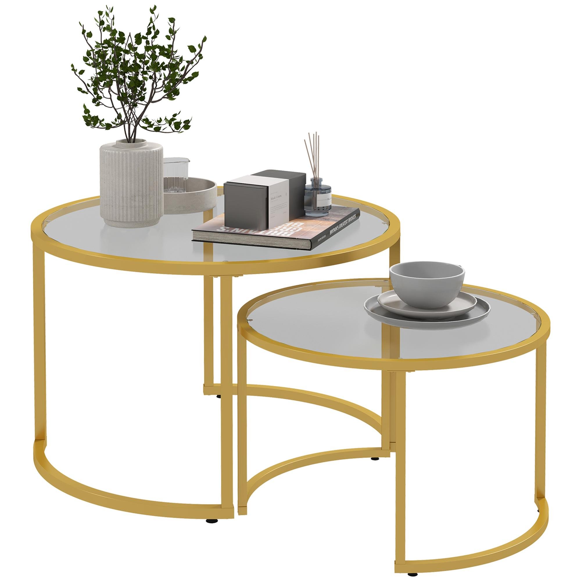 Gold Round Nesting Table Set with Tempered Glass Tops