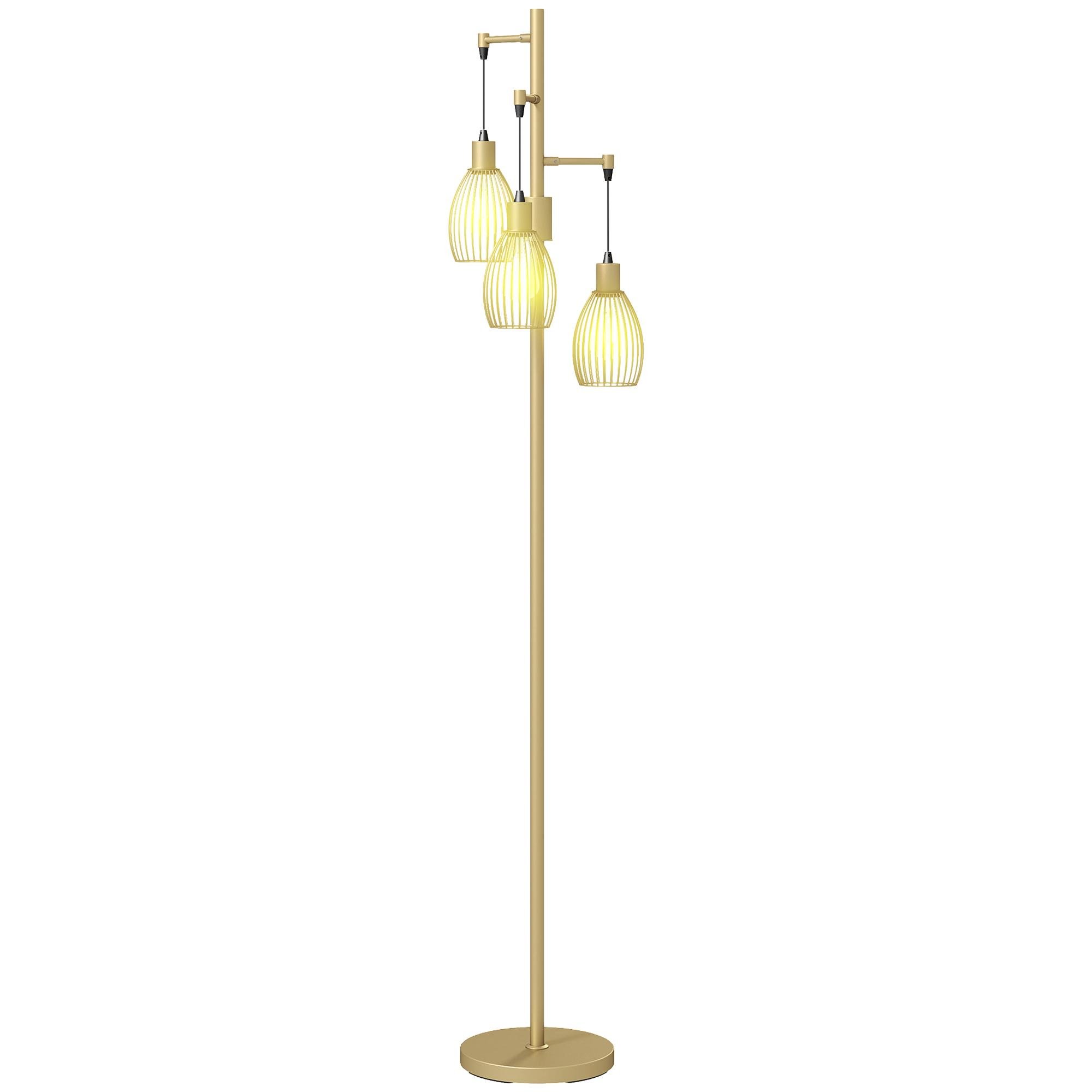 Gold Steel Cage Floor Lamp with Three Hanging Shades
