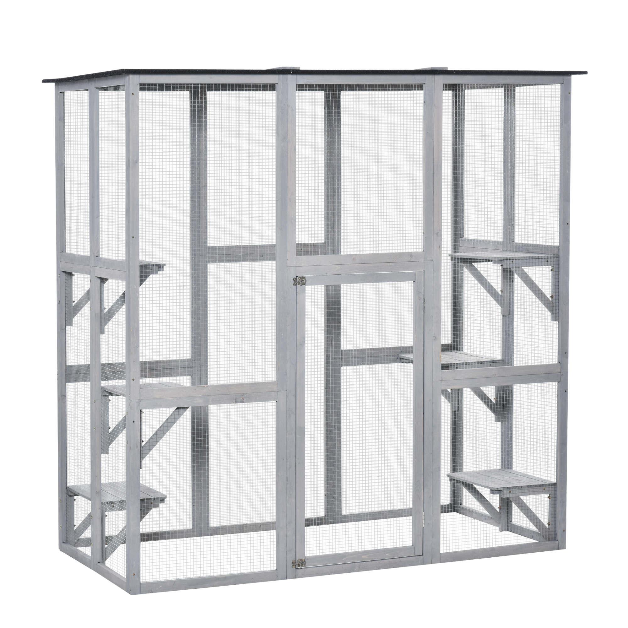 Gray Fir Catio Enclosure with Six Platforms for Cats