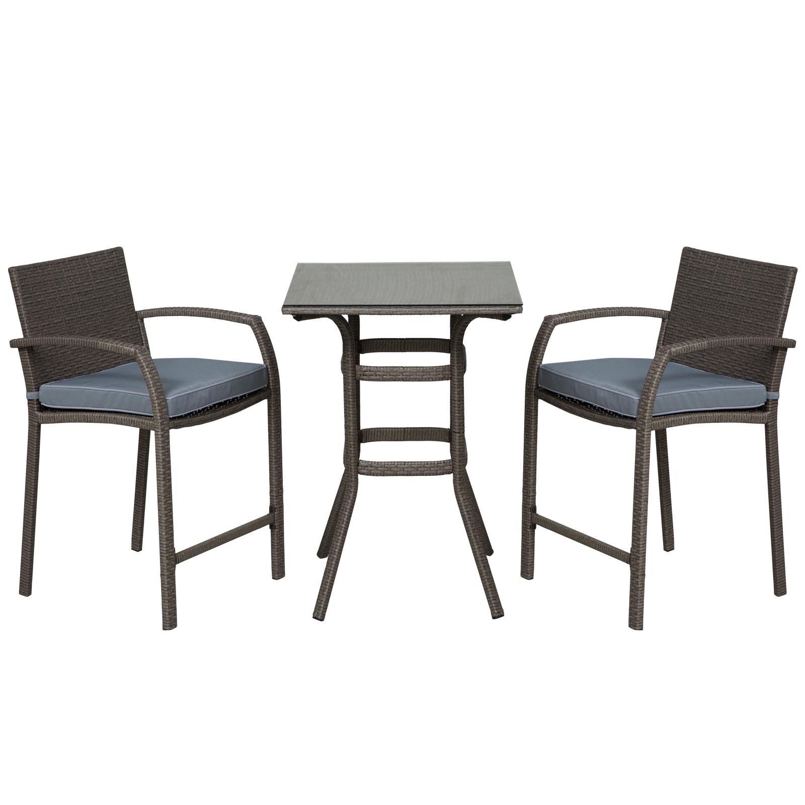 Gray rattan bar set with tempered glass top and cushions