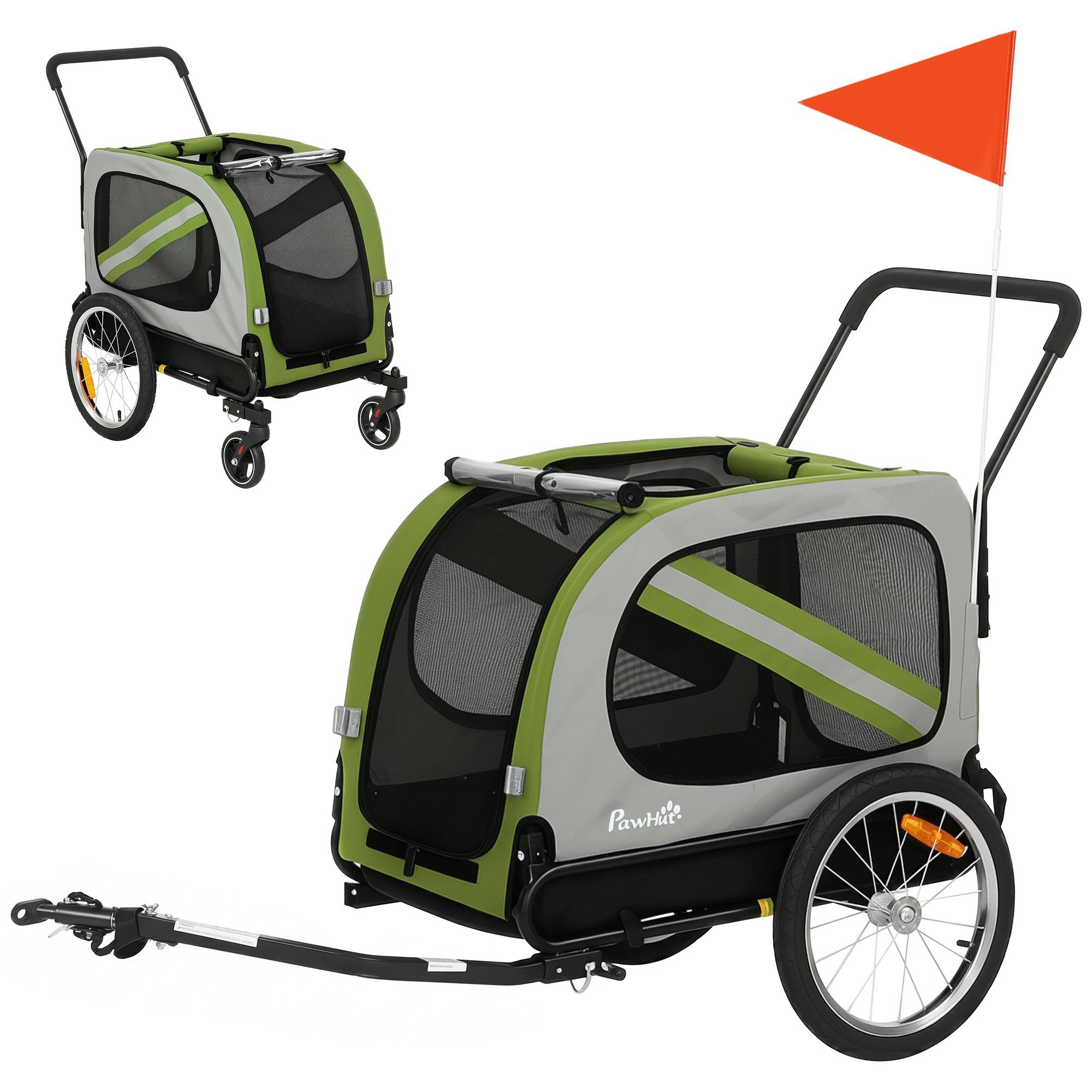 Green Polyester Dog Trailer 2-in-1 Stroller