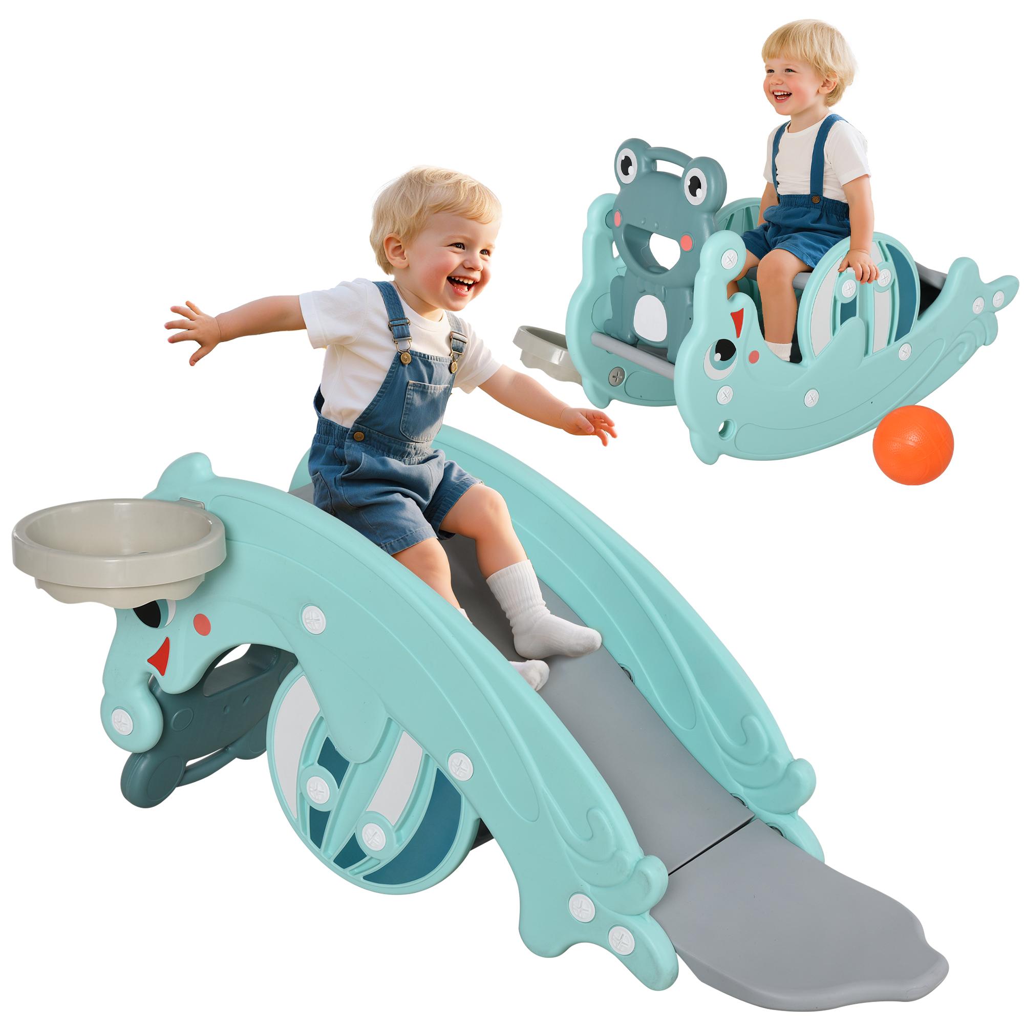 Green 3-in-1 Rocking Horse with Slide and Basketball Hoop